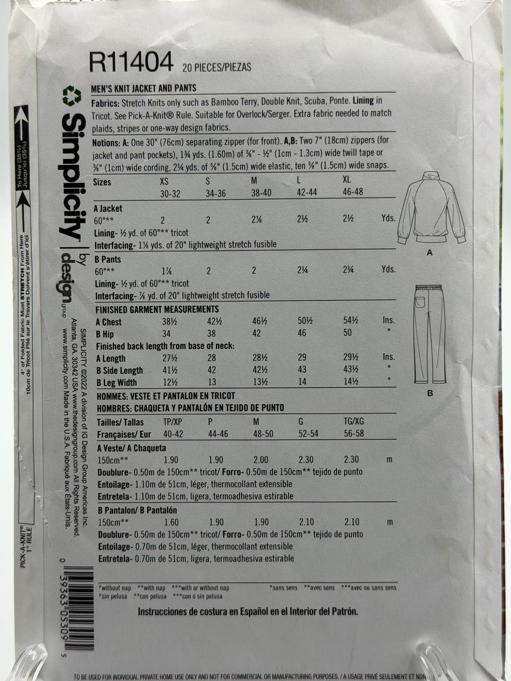 Simplicity R11404 Men's Knit Jacket & Pants Sewing Pattern XS-XL Mimi G