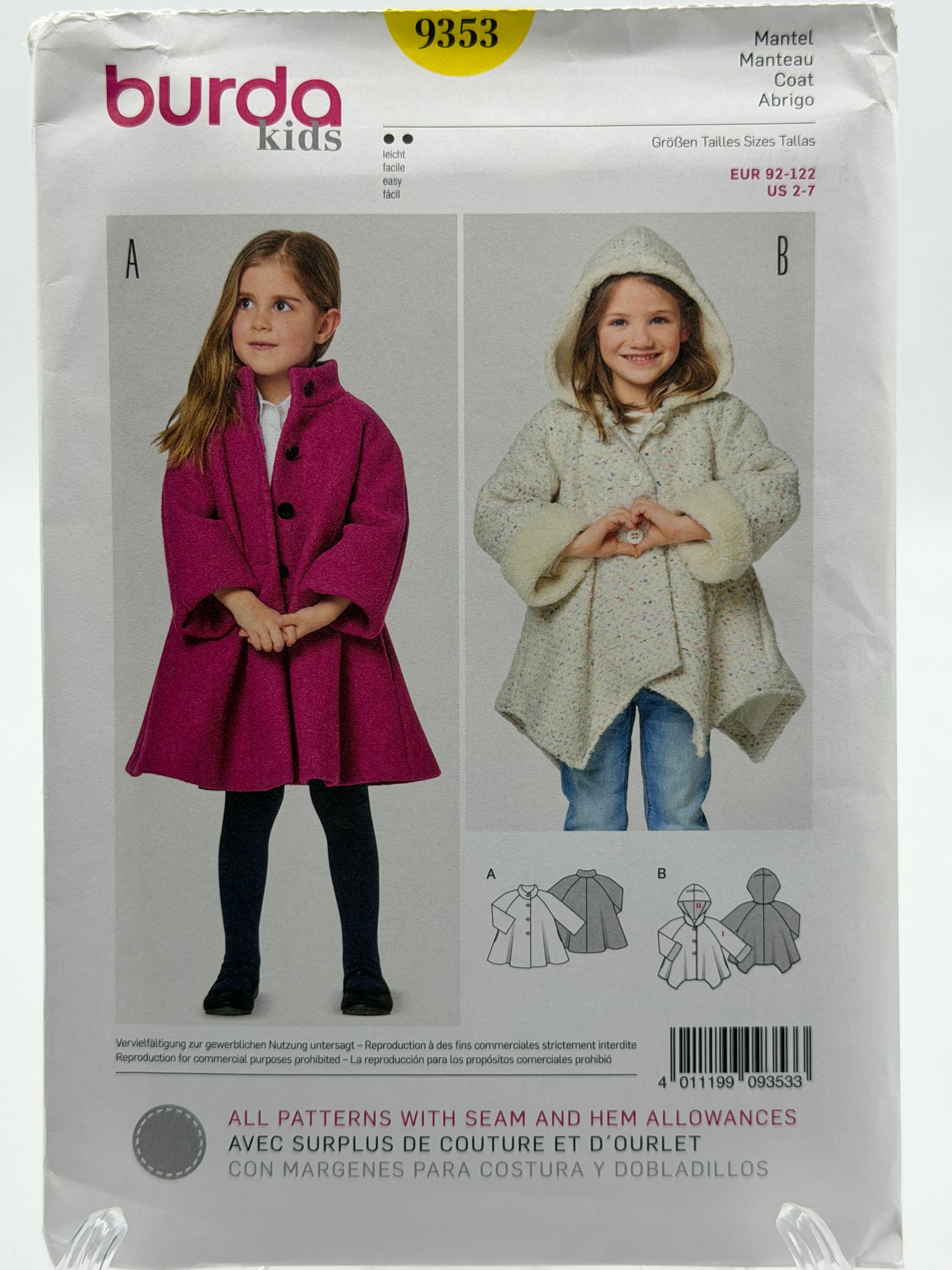 Burda Kids 9353 Girls Coat Sewing Pattern Sizes 2-7