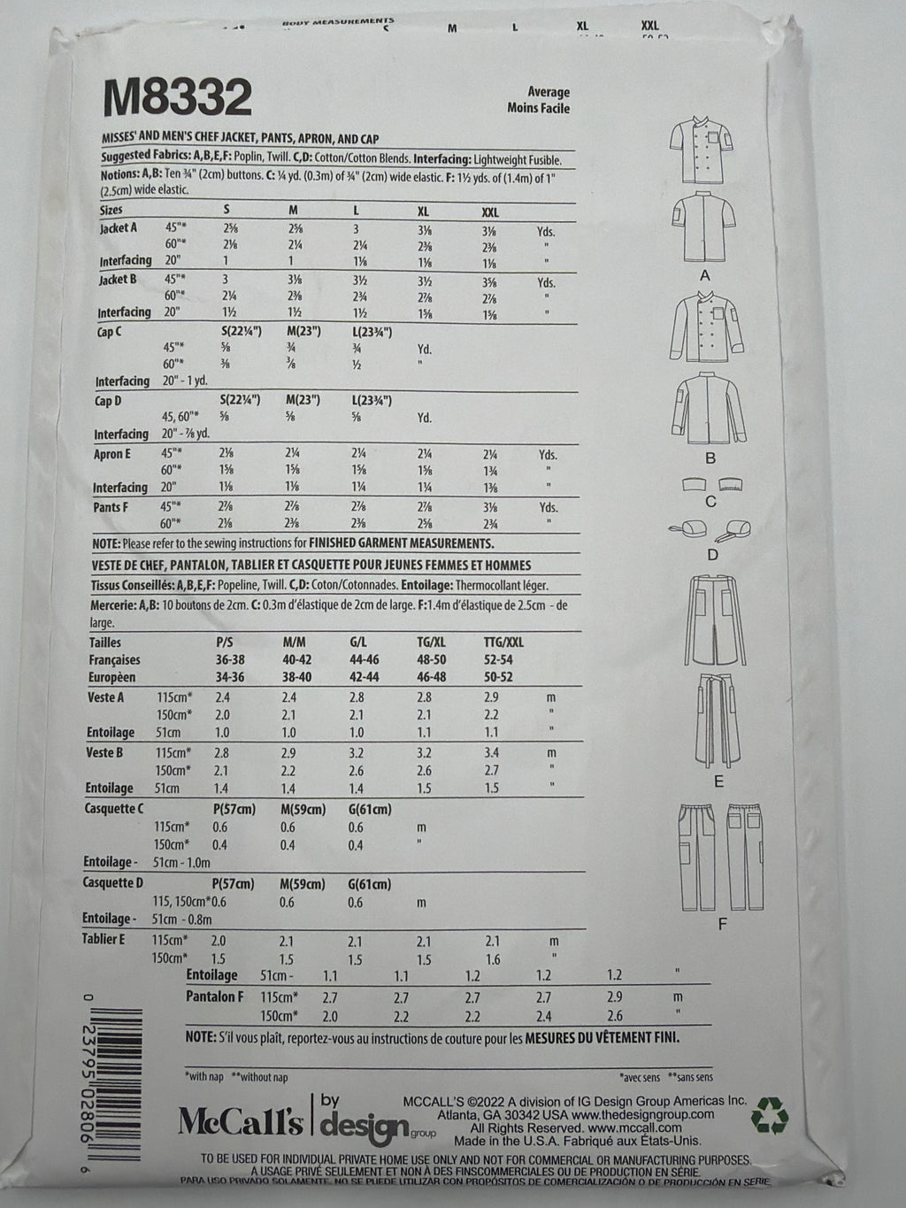 McCall's M8332 Chef Uniform Sewing Pattern