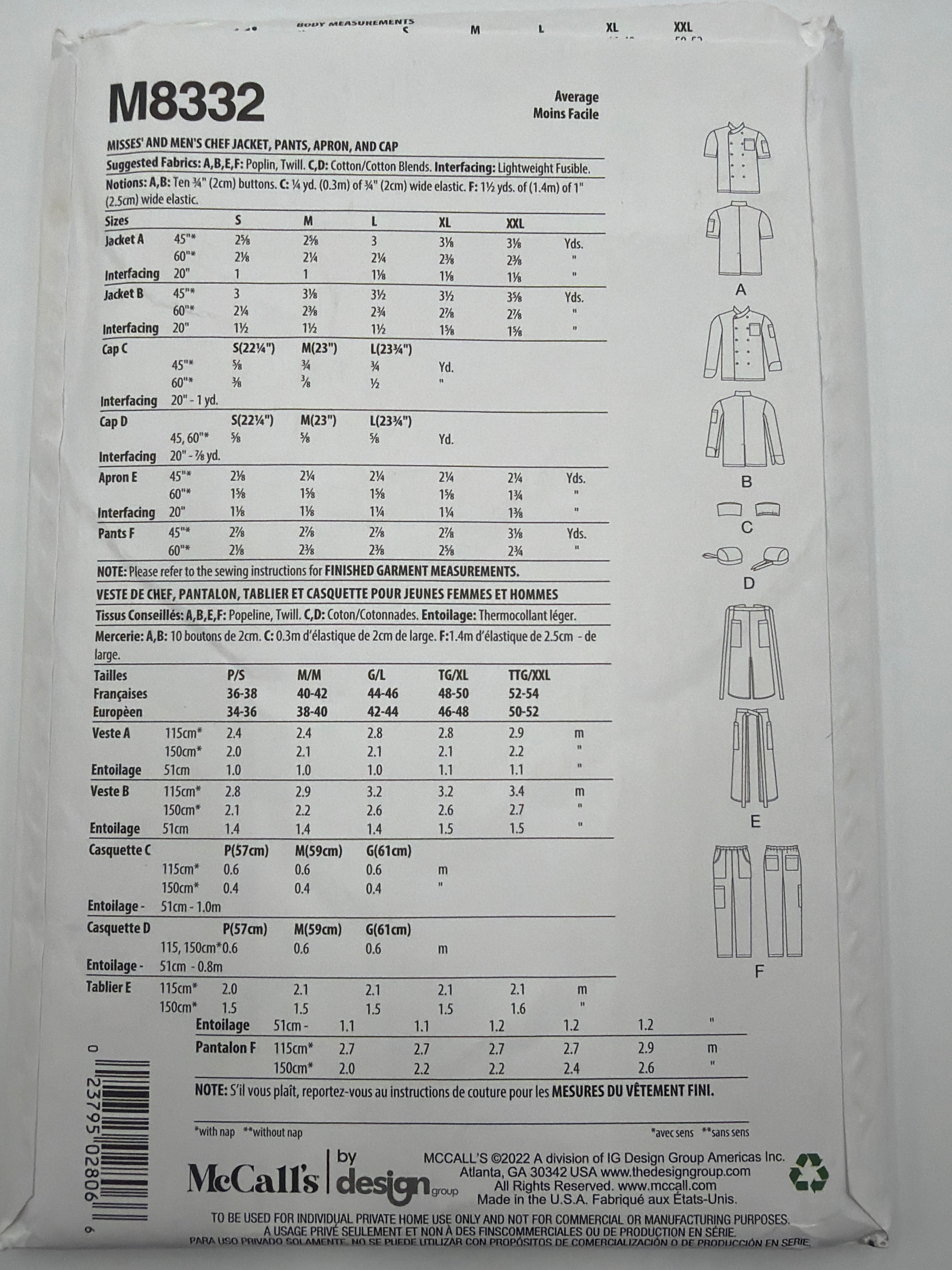 McCall's M8332 Chef Uniform Sewing Pattern