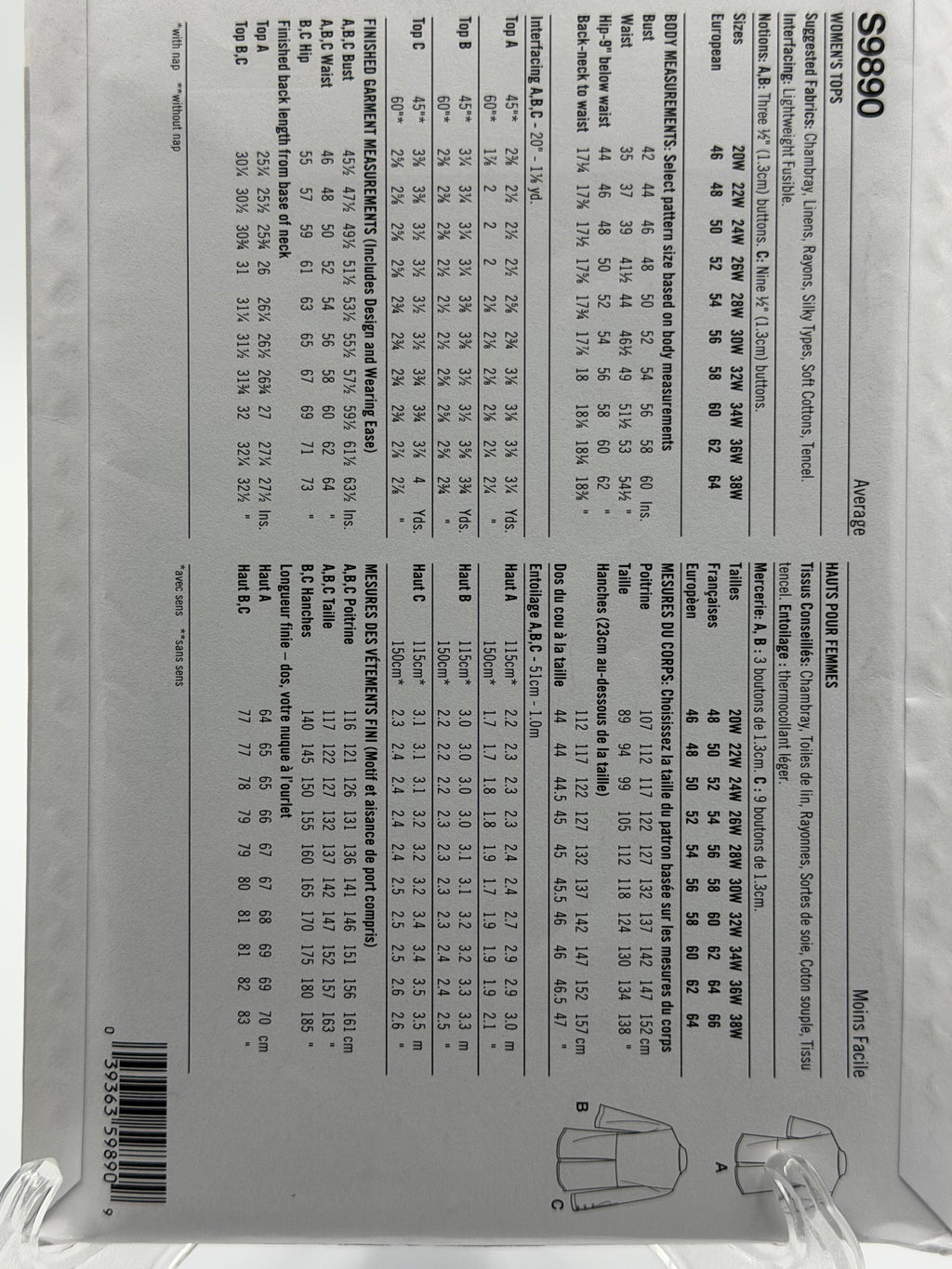 Simplicity S9890 Misses Plus Size Tops Sewing Pattern Sizes 20W-38W Uncut