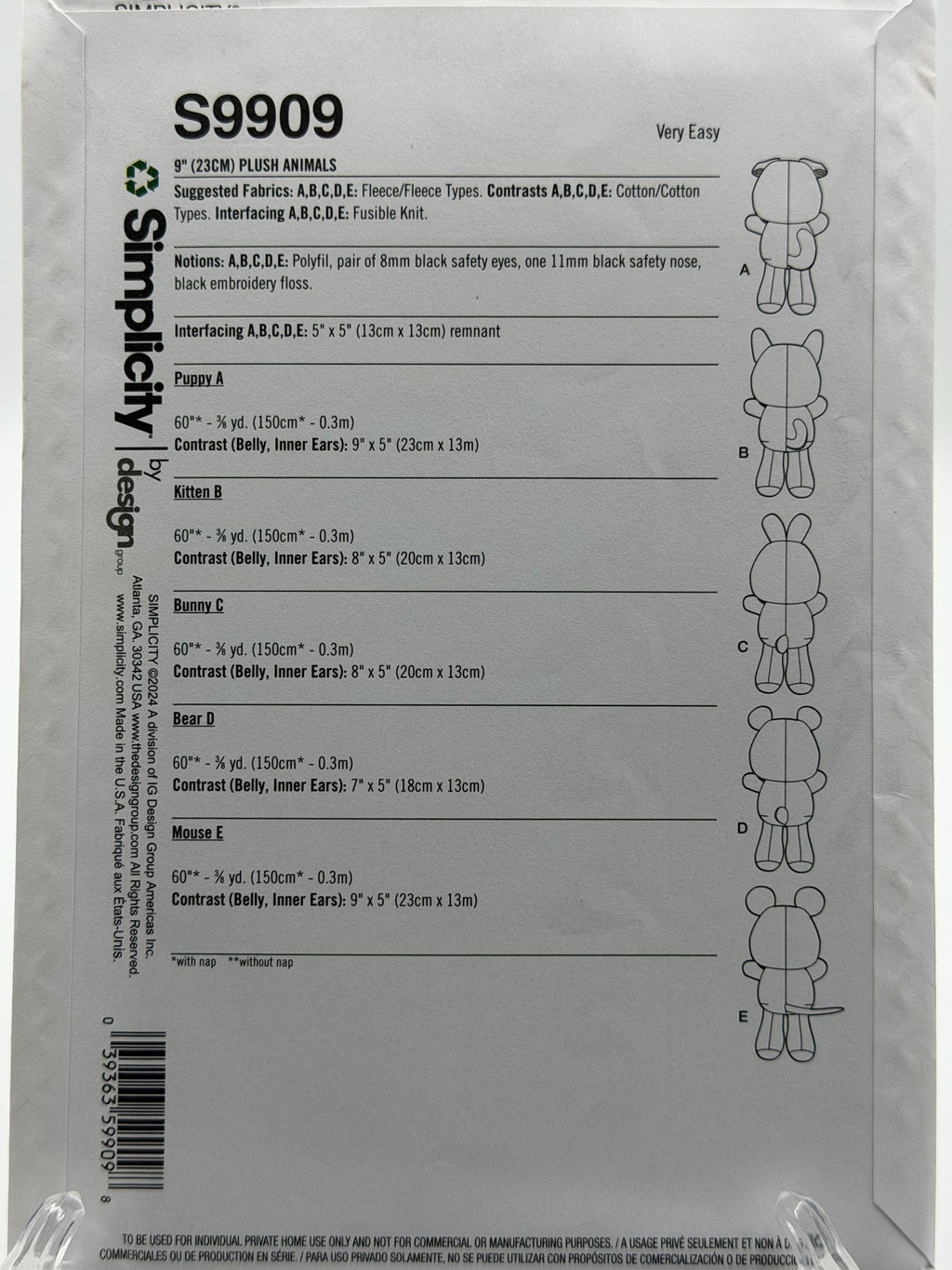 Simplicity S9909 Plush Animal Sewing Pattern One Size