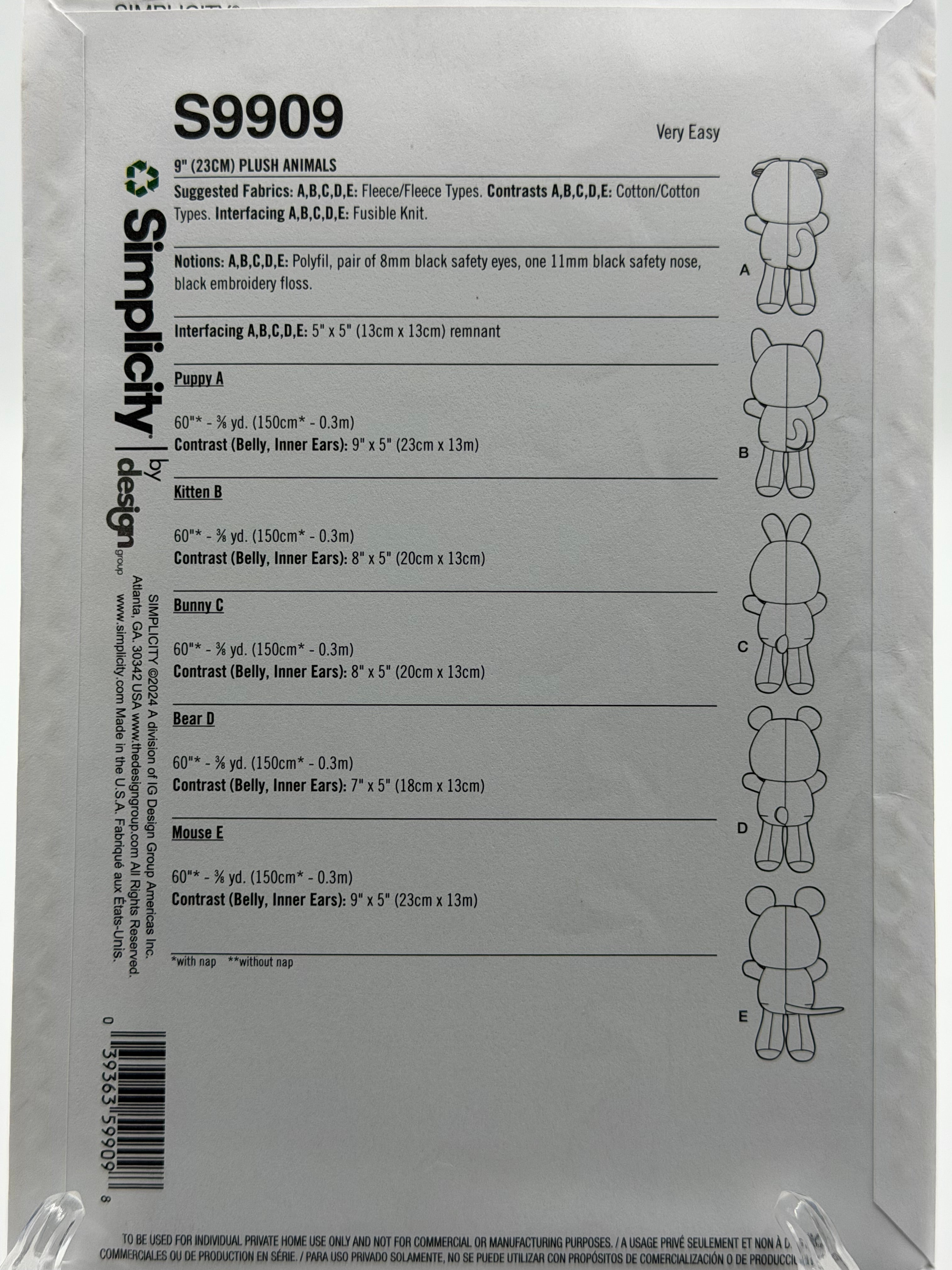 Simplicity S9909 Plush Animal Sewing Pattern One Size