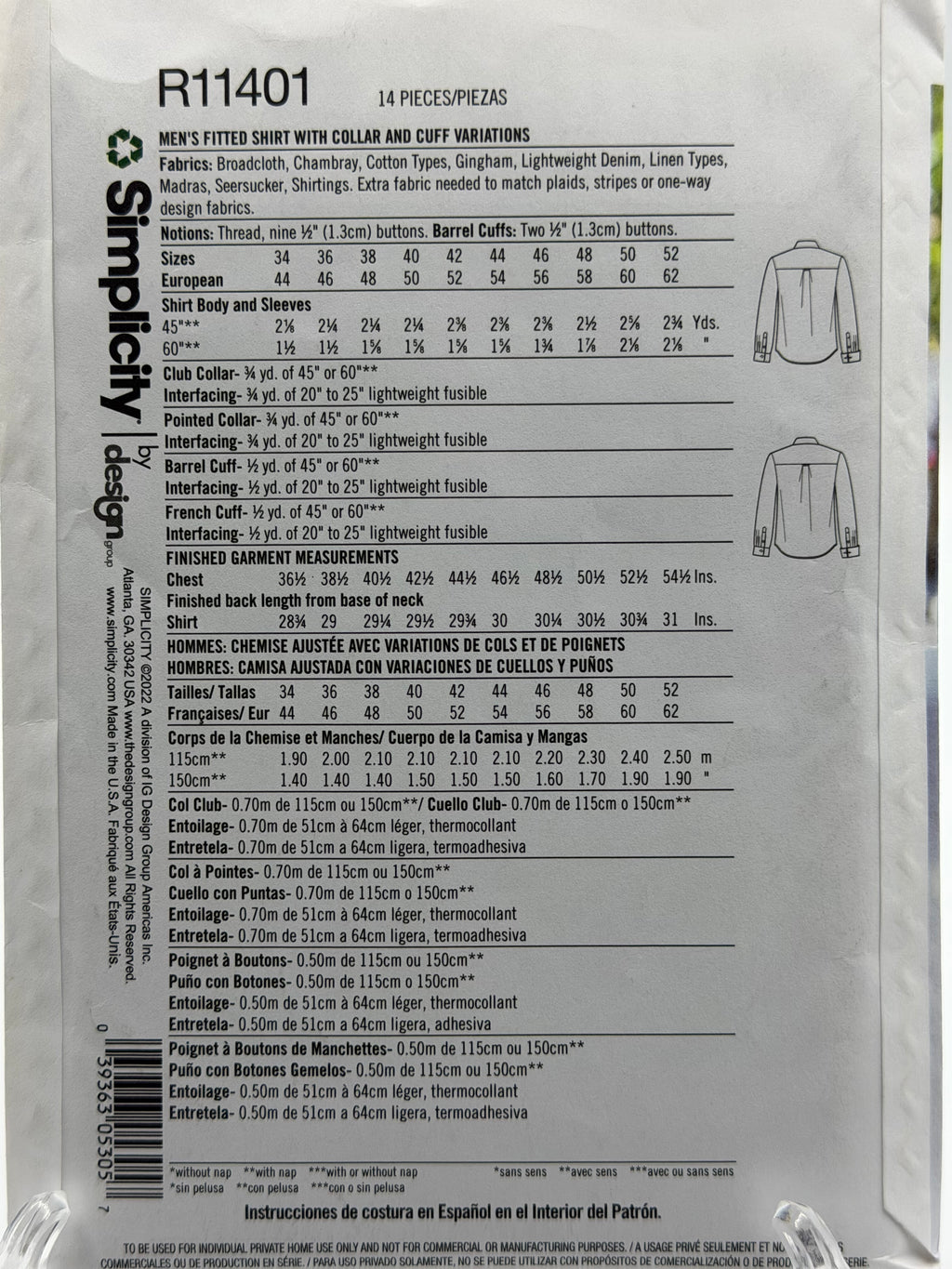 Simplicity R11401 Men's Fitted Dress Shirt Sewing Pattern Sizes 34-52 Mimi G