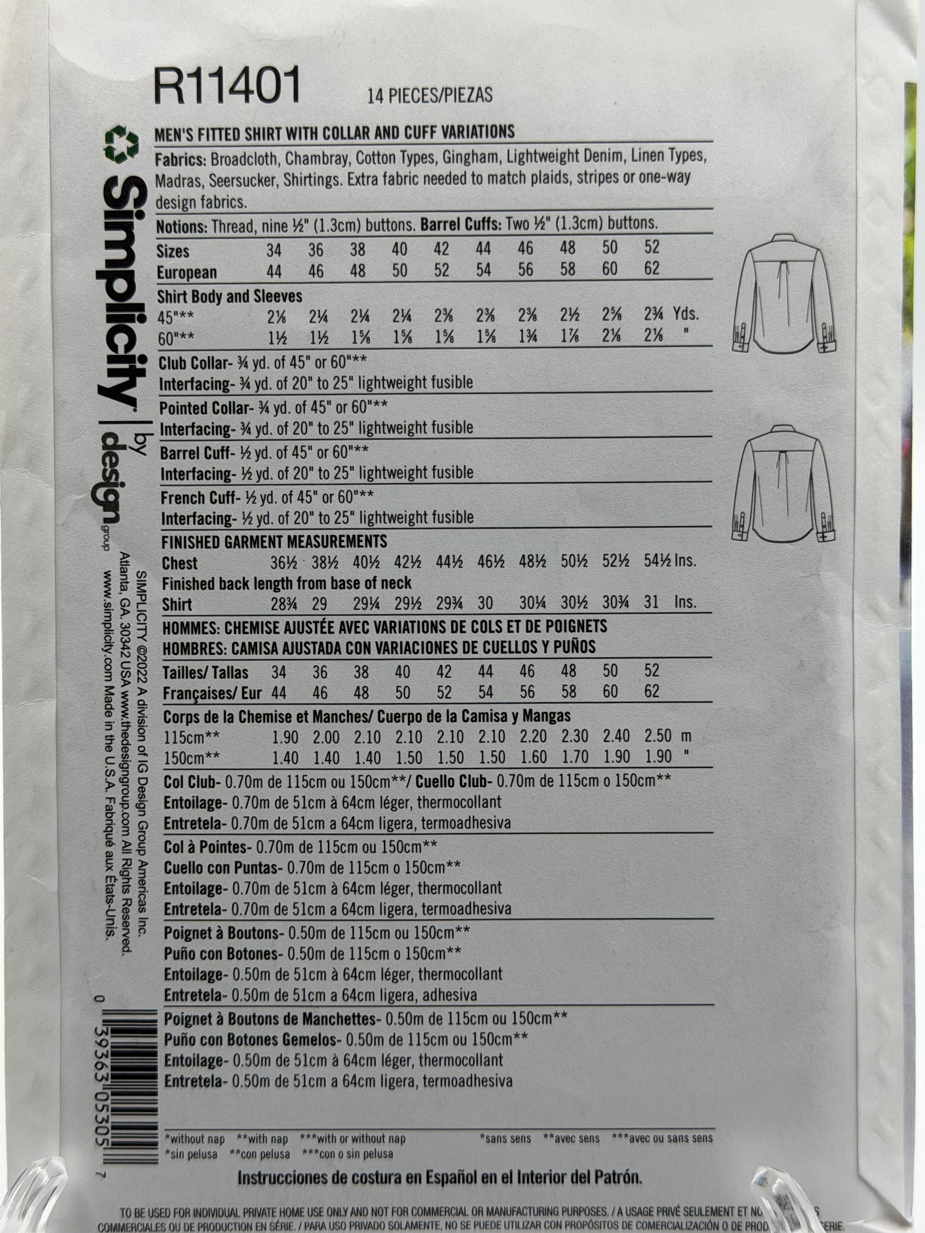 Simplicity R11401 Men's Fitted Dress Shirt Sewing Pattern Sizes 34-52 Mimi G