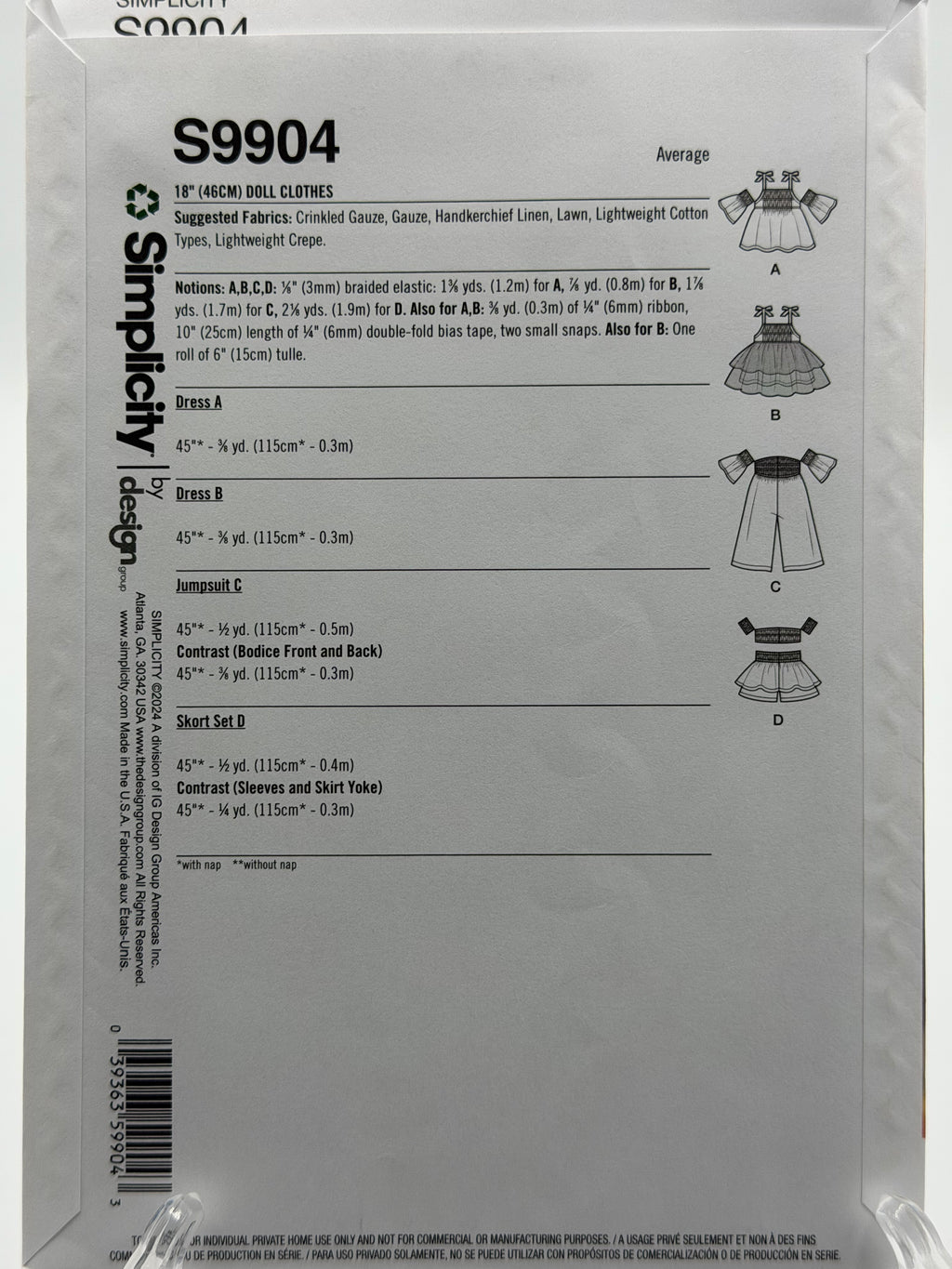 Simplicity S9904 18" Doll Clothes Sewing Pattern One Size