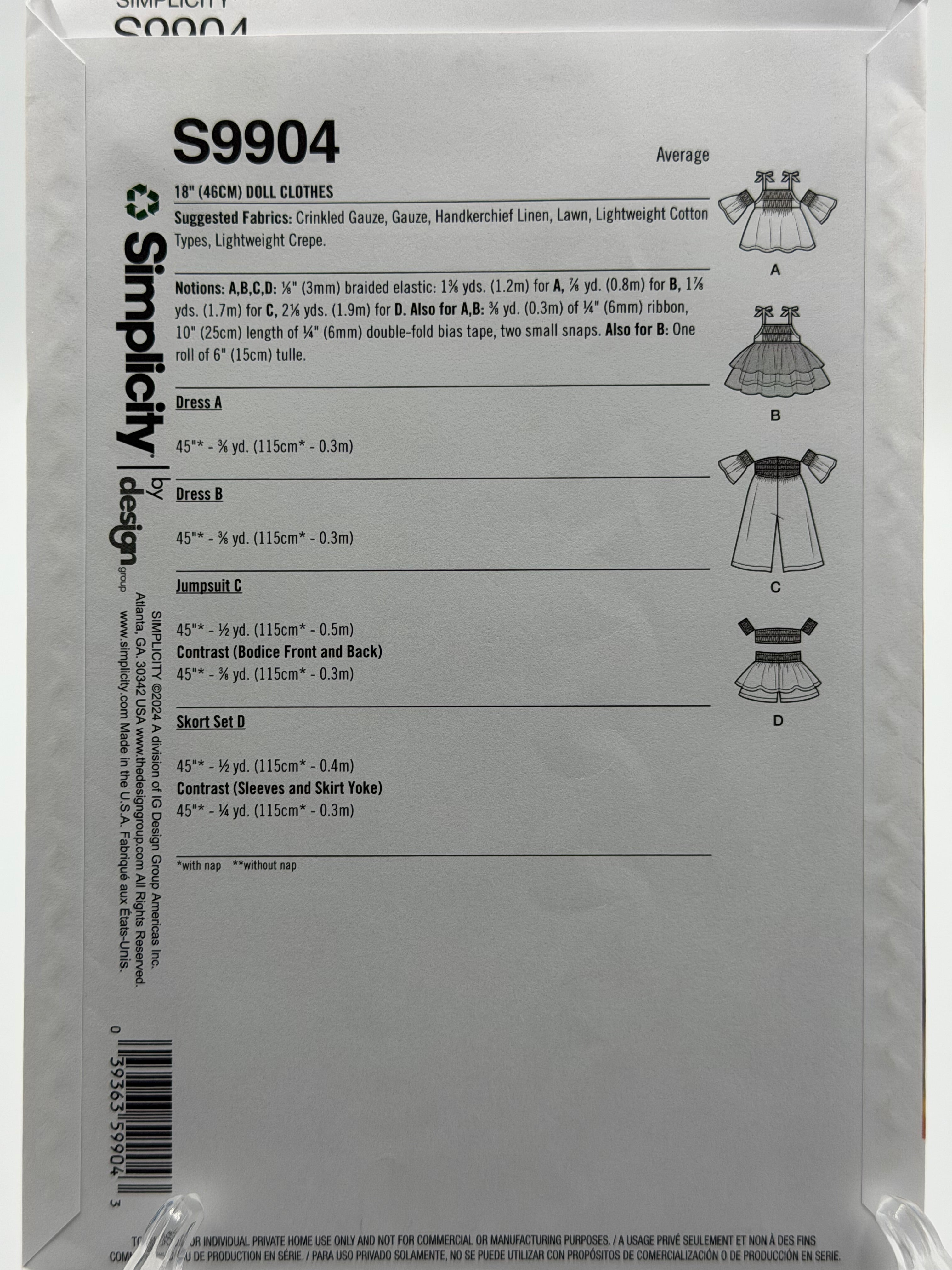 Simplicity S9904 18" Doll Clothes Sewing Pattern One Size