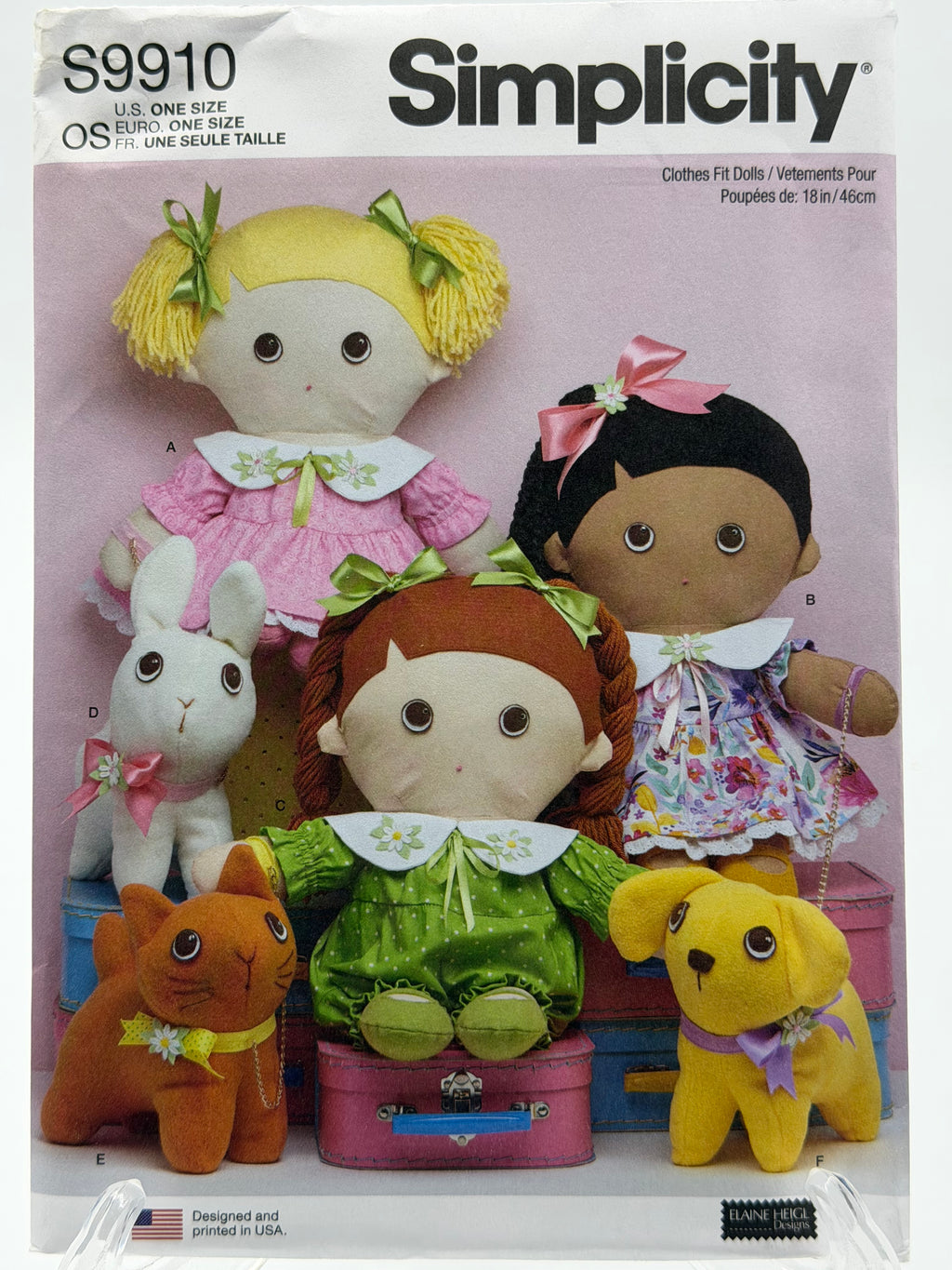 Simplicity S9910 Plush Dolls, Bunny, Puppy & Kitty Sewing Pattern One Size
