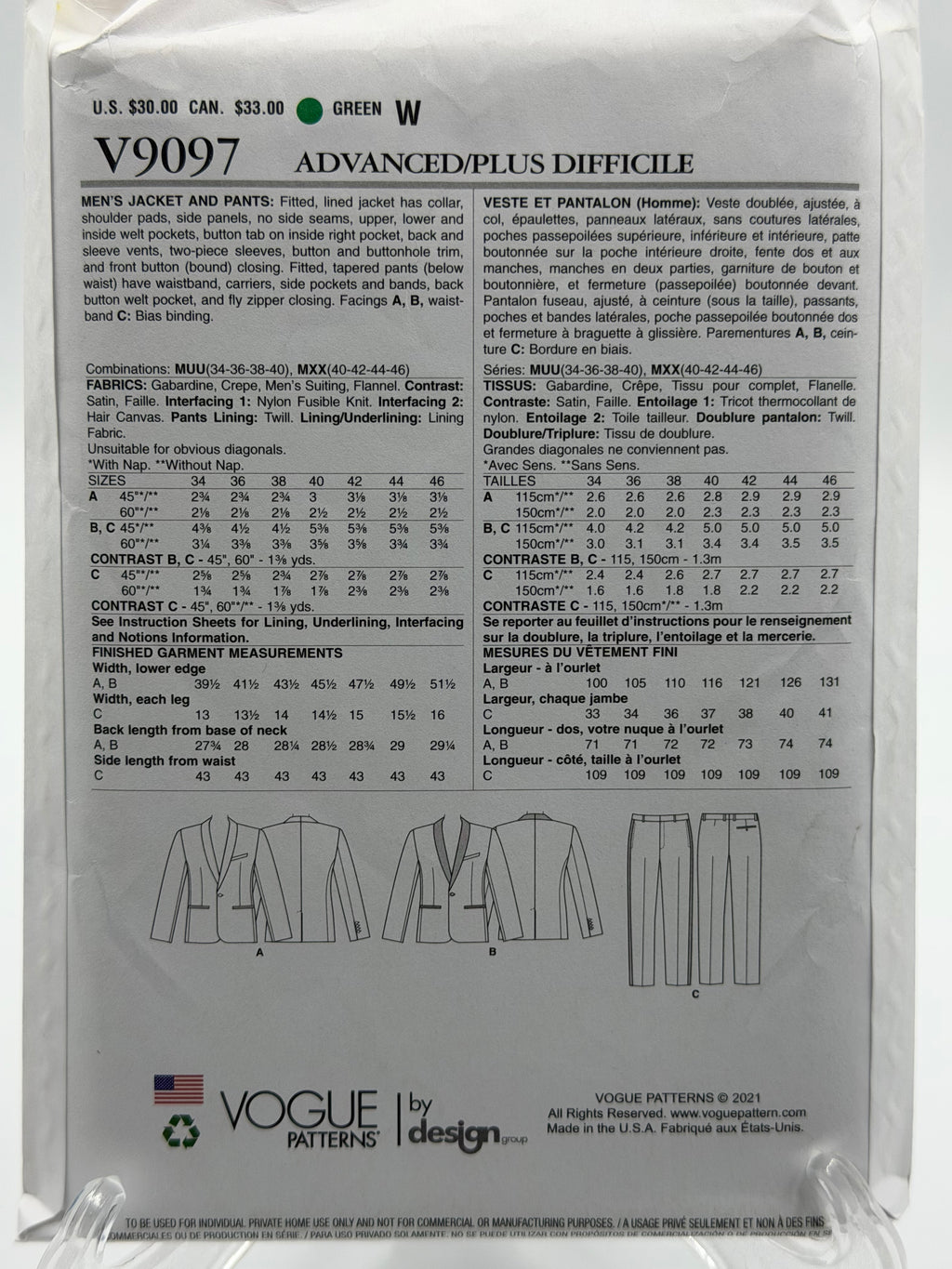 Vogue Men V9097 Men's Tuxedo Jacket & Pants Sewing Pattern