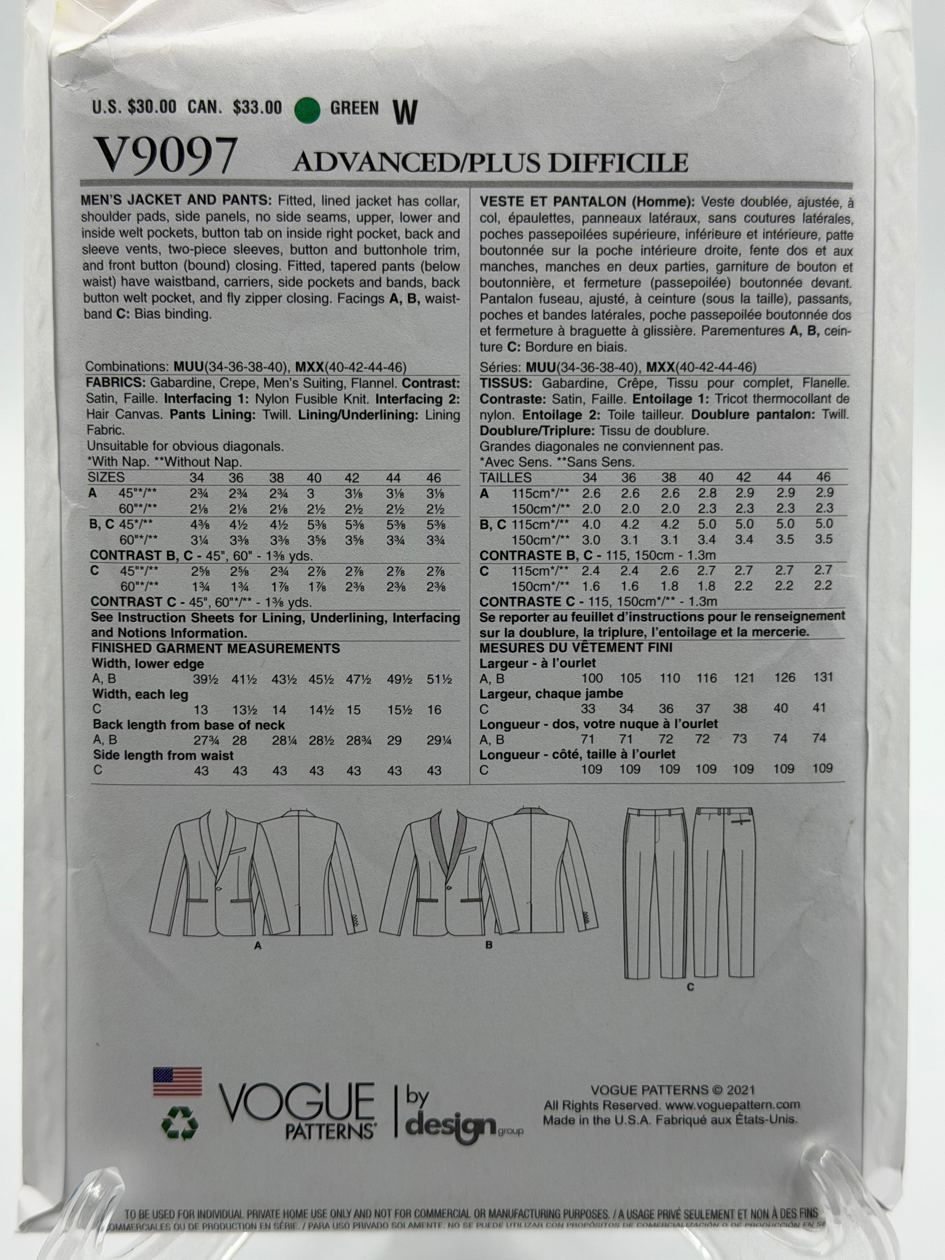 Vogue Men V9097 Men's Tuxedo Jacket & Pants Sewing Pattern