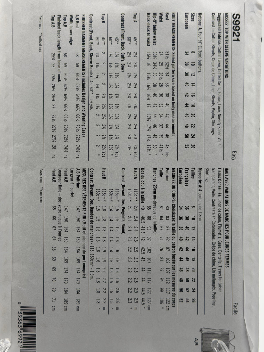 Simplicity S9921 Misses Top with Sleeve Variations Sewing Pattern Sizes 18-26 Uncut