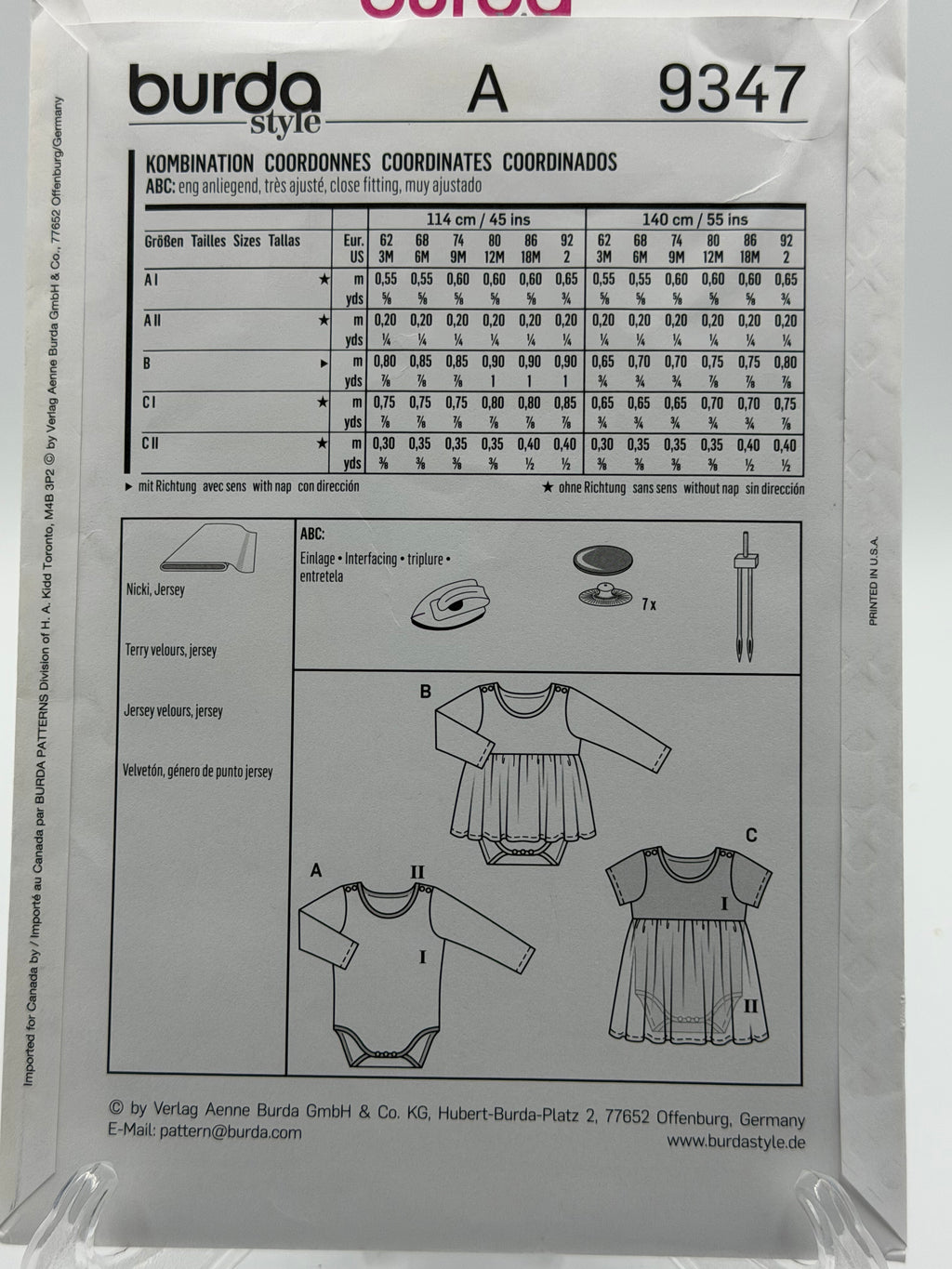 Burda Kids 9347 Baby Bodysuit & Dress Sewing Pattern Sizes 3M-2Y