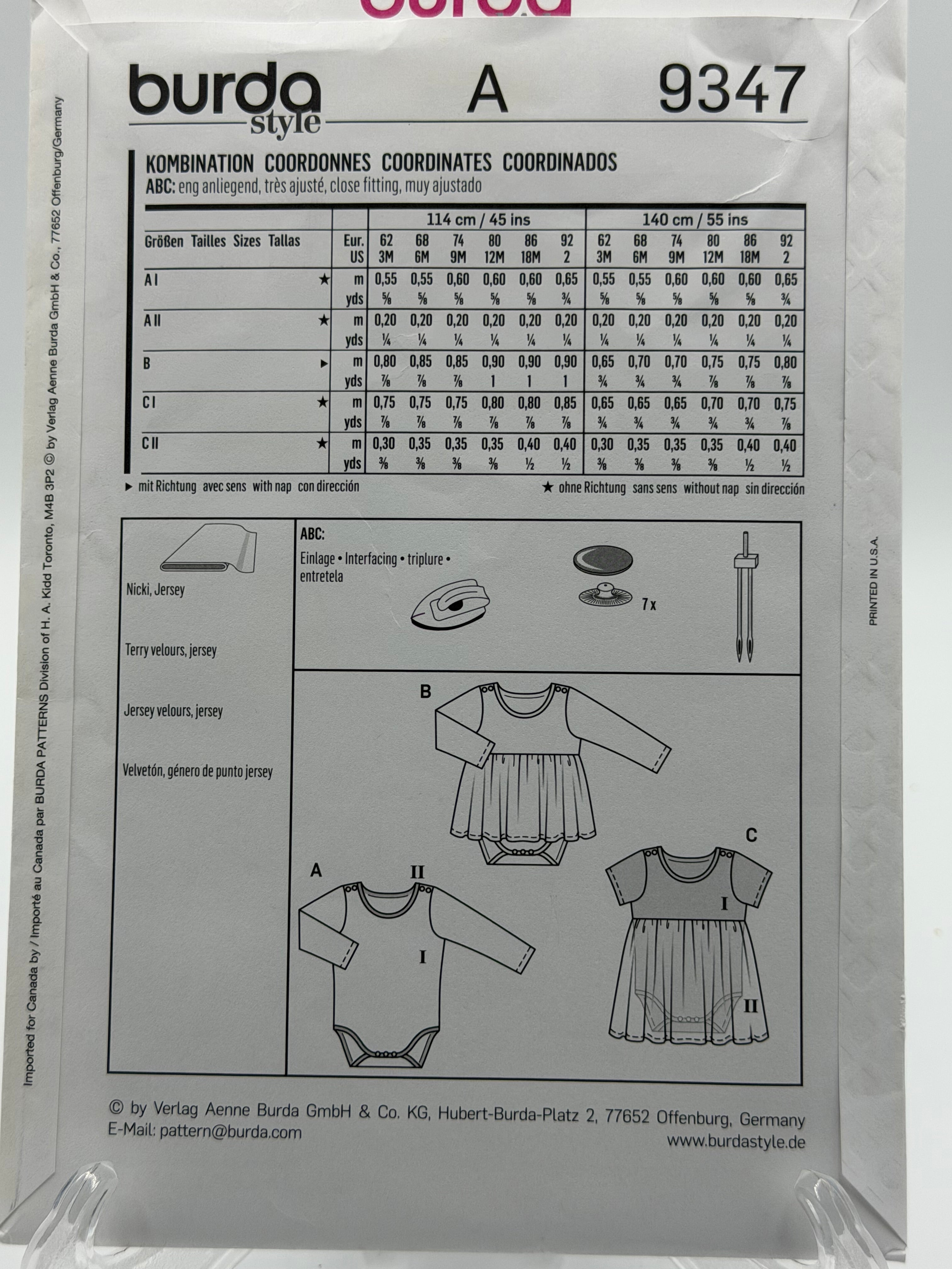 Burda Kids 9347 Baby Bodysuit & Dress Sewing Pattern Sizes 3M-2Y
