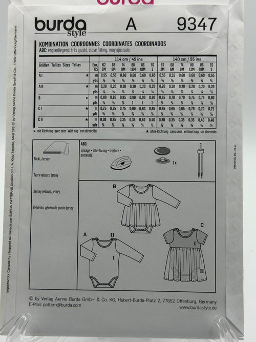 Burda Kids 9347 Baby Bodysuit & Dress Sewing Pattern Sizes 3M-2Y