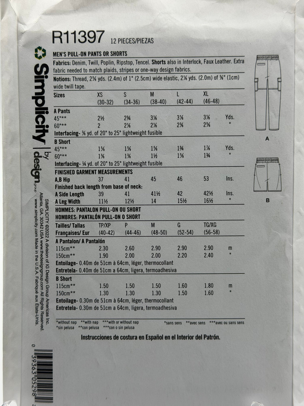 Simplicity R11397 Men's Pull-On Pants & Shorts Sewing Pattern XS-XL Mimi G