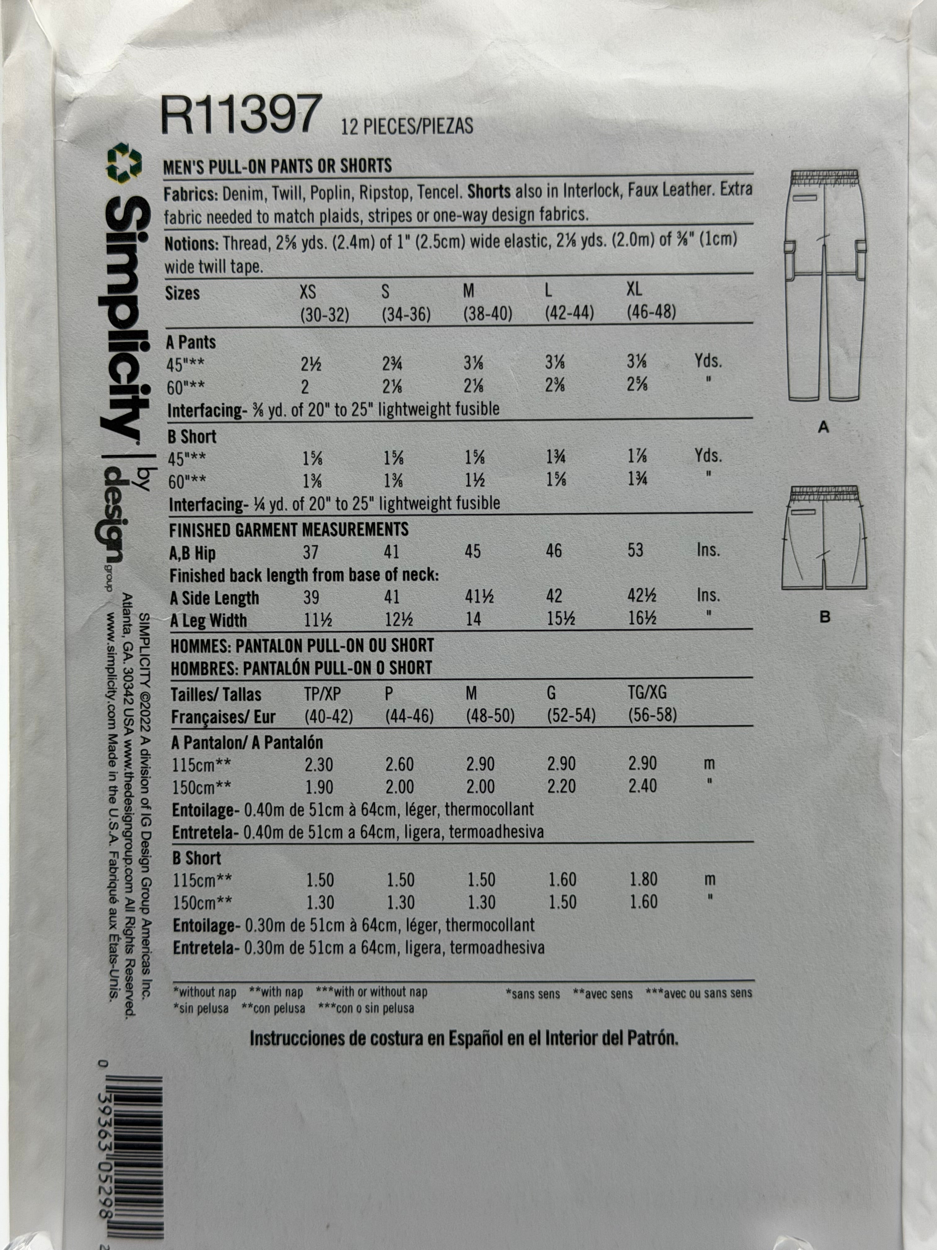 Simplicity R11397 Men's Pull-On Pants & Shorts Sewing Pattern XS-XL Mimi G
