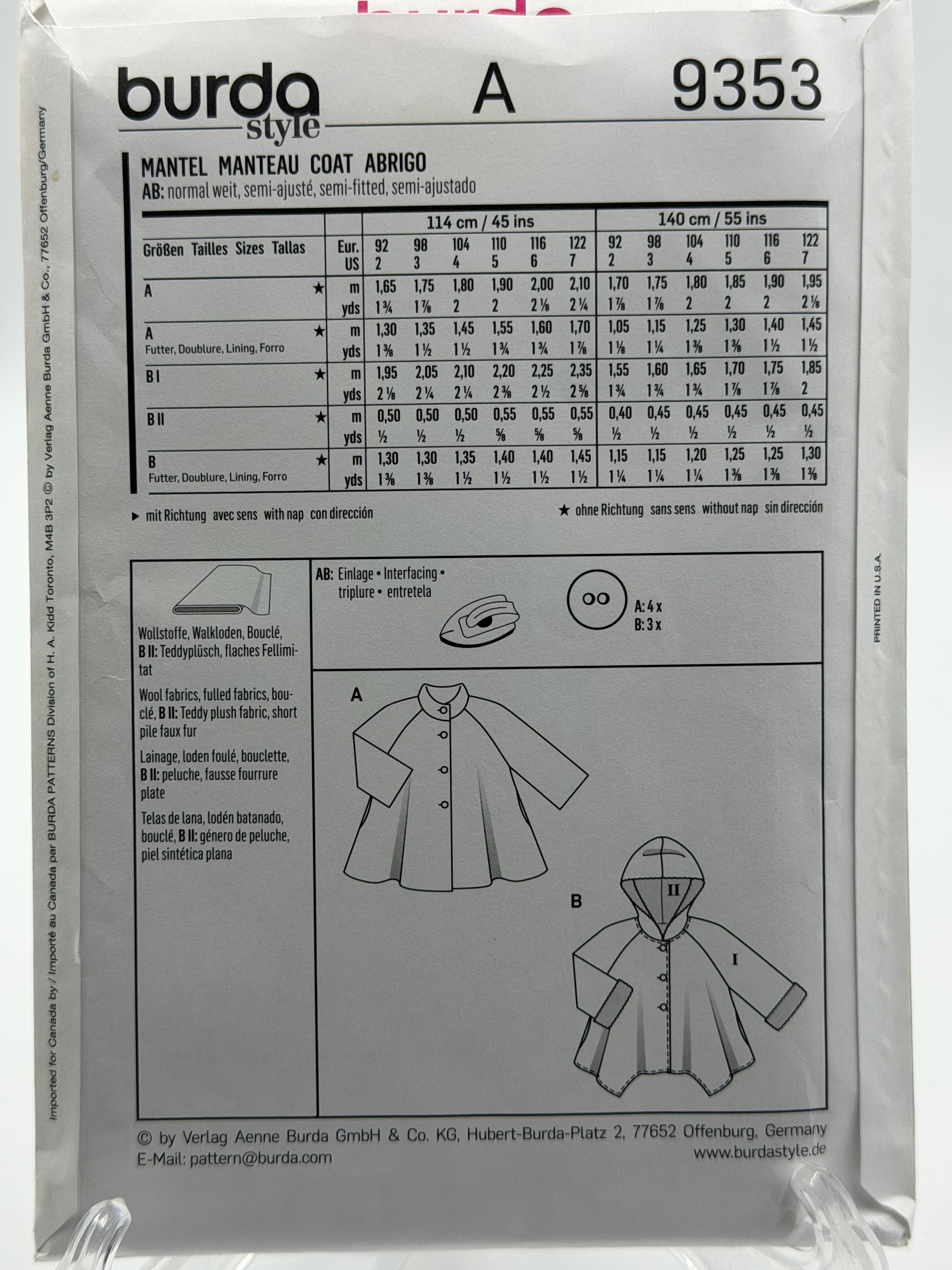 Burda Kids 9353 Girls Coat Sewing Pattern Sizes 2-7