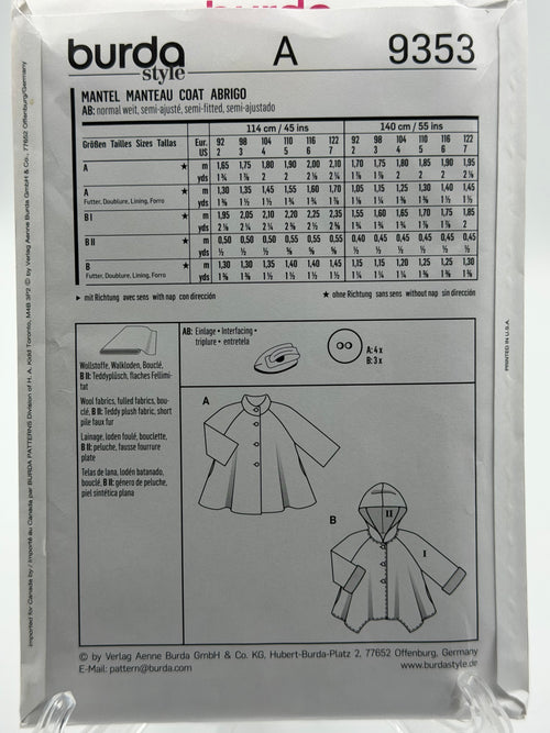 Burda Kids 9353 Girls Coat Sewing Pattern Sizes 2-7