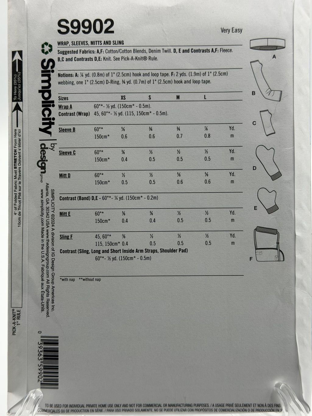 Simplicity S9902 Adaptive Wraps, Cast Covers, Mitts & Sling Sewing Pattern XS-L