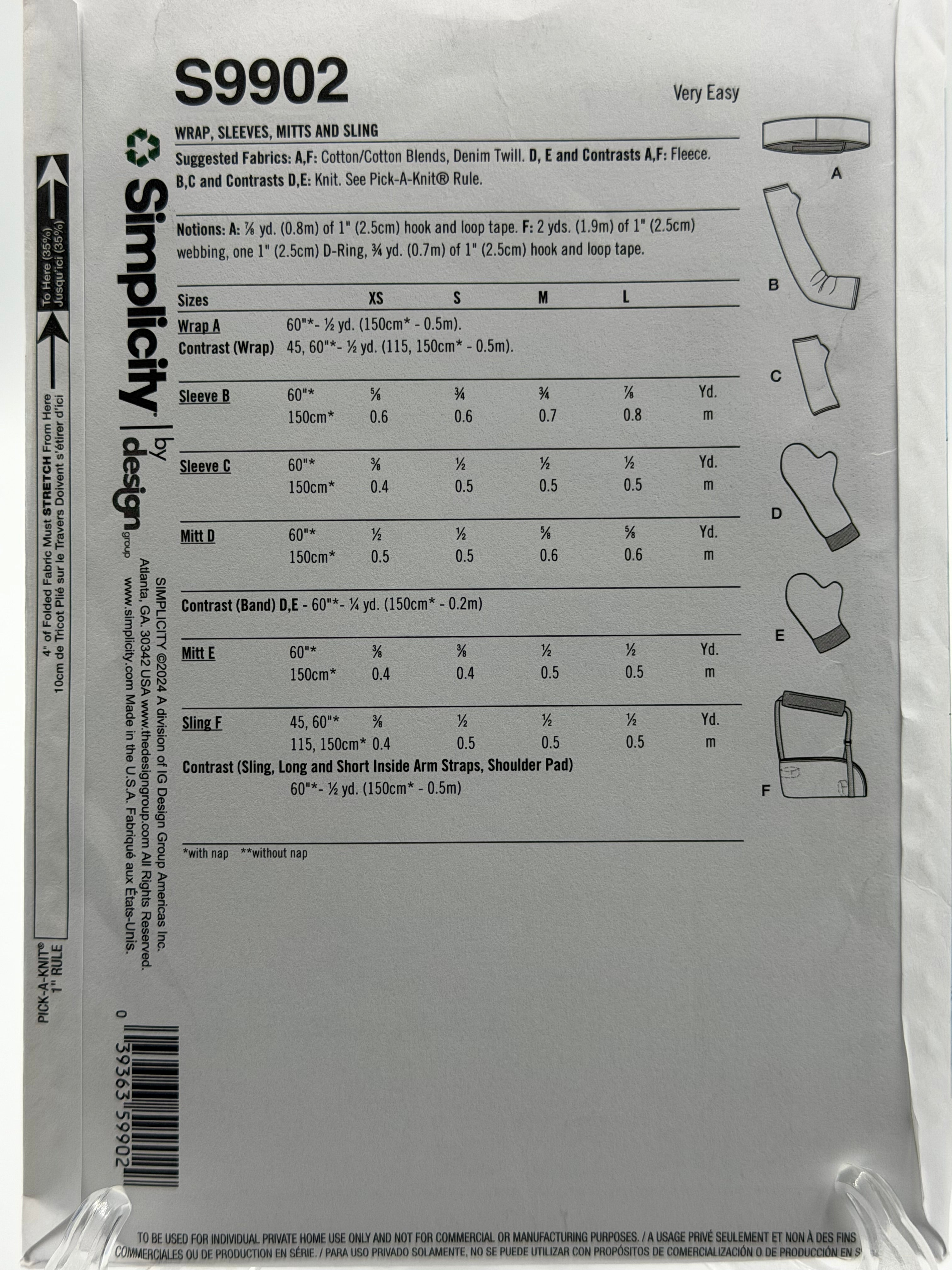 Simplicity S9902 Adaptive Wraps, Cast Covers, Mitts & Sling Sewing Pattern XS-L