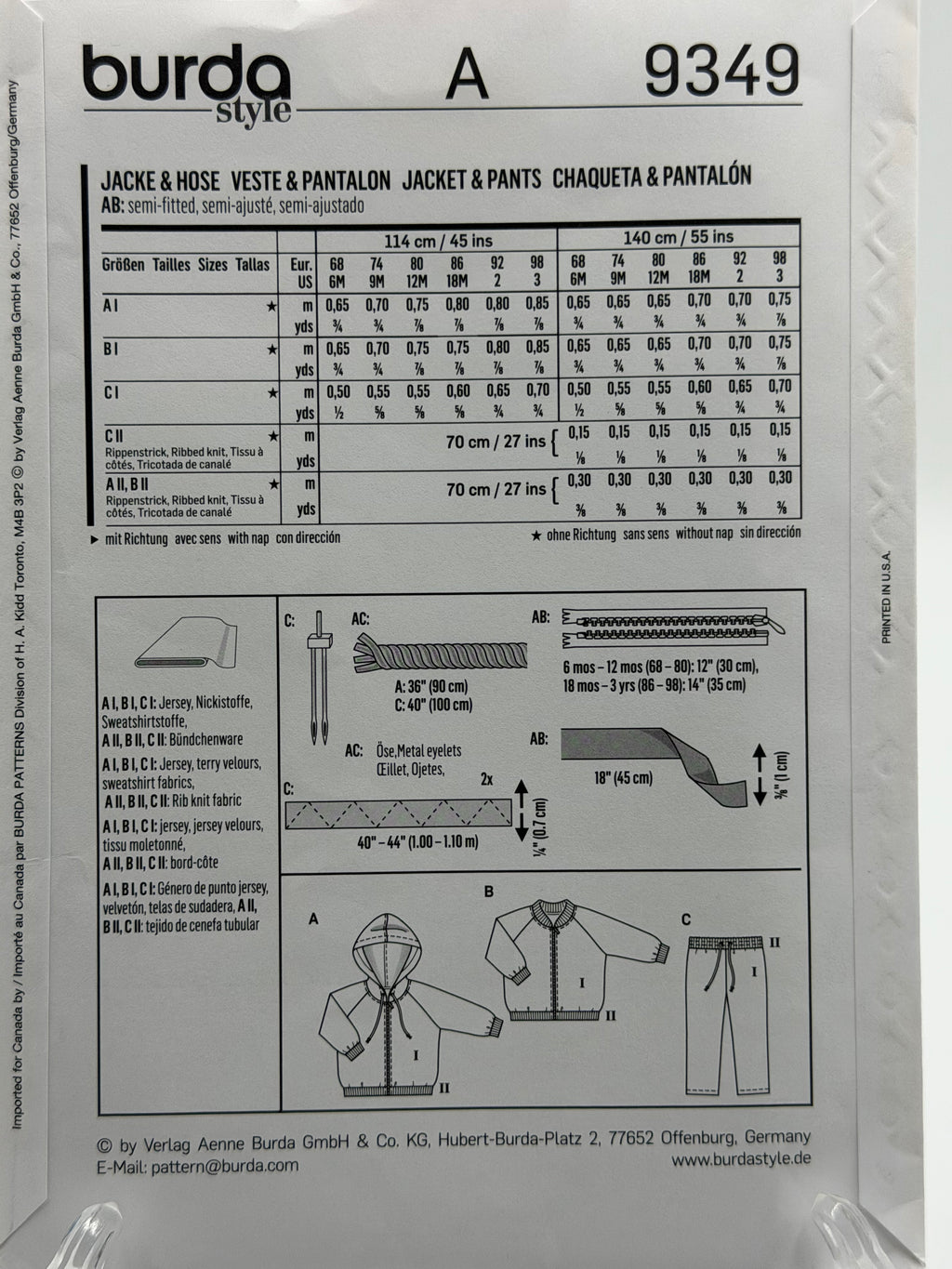 Burda Kids 9349 Toddler Hoodie Jacket, Bomber Jacket & Pants Sewing Pattern Sizes 6M-3