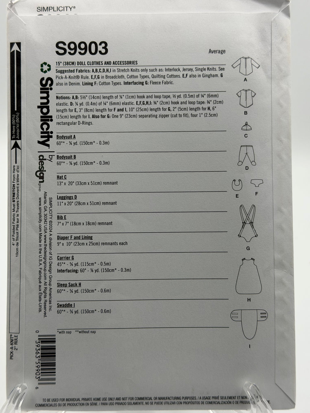 Simplicity S9903 15" Baby Doll Clothes & Accessories Sewing Pattern One Size