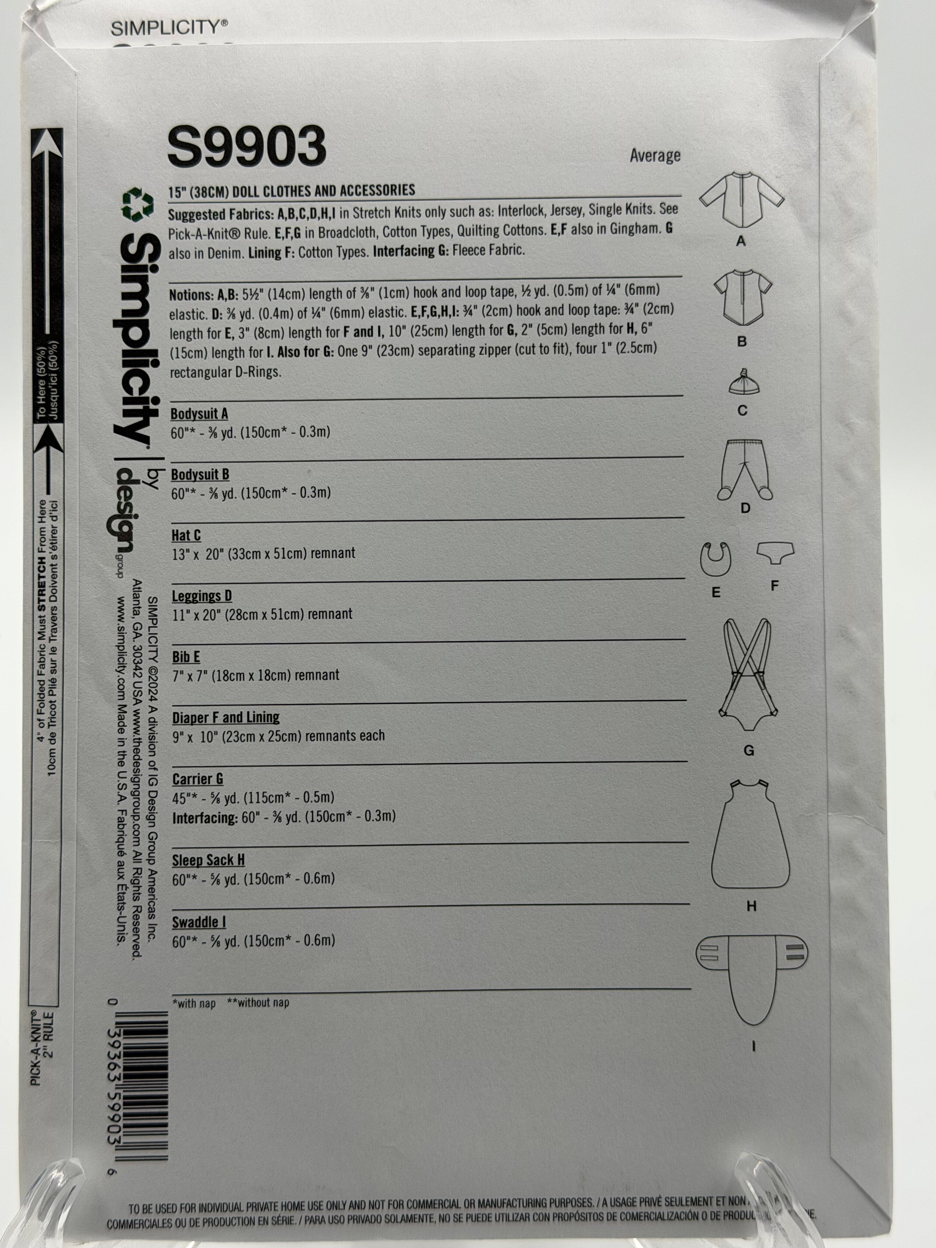 Simplicity S9903 15" Baby Doll Clothes & Accessories Sewing Pattern One Size