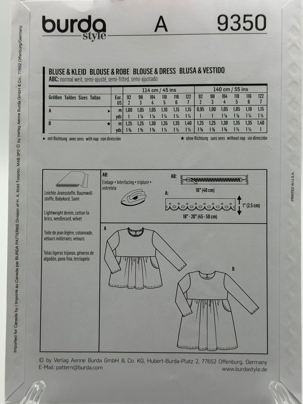 Burda Kids 9350 Girls Blouse & Dress Sewing Pattern Sizes 2-7