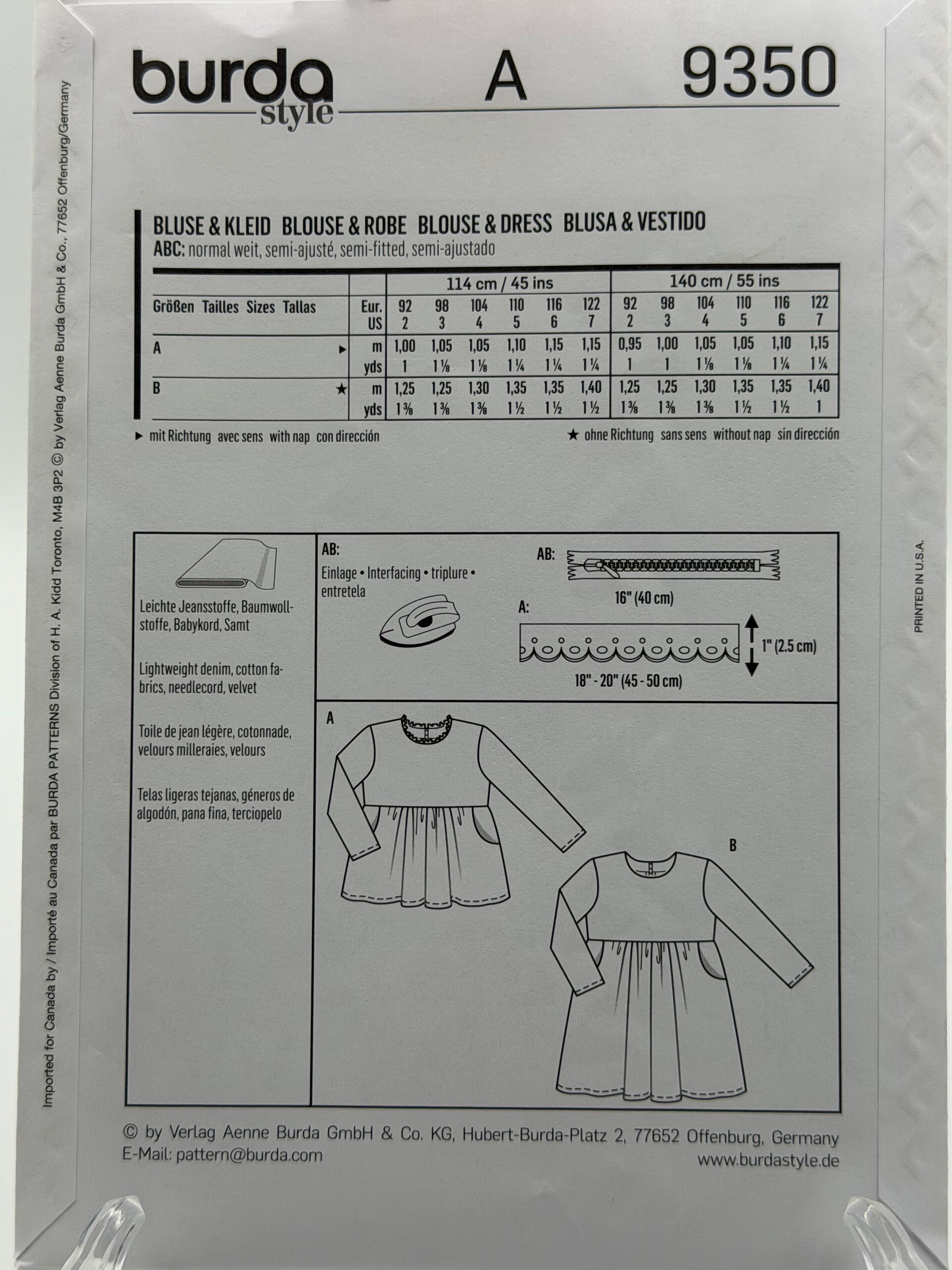 Burda Kids 9350 Girls Blouse & Dress Sewing Pattern Sizes 2-7