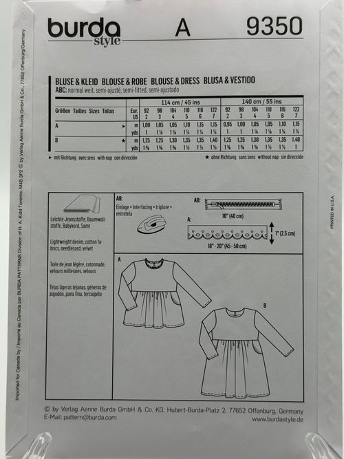 Burda Kids 9350 Girls Blouse & Dress Sewing Pattern Sizes 2-7