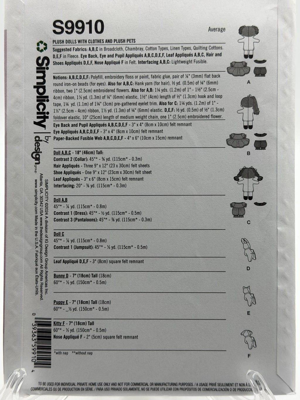 Simplicity S9910 Plush Dolls, Bunny, Puppy & Kitty Sewing Pattern One Size