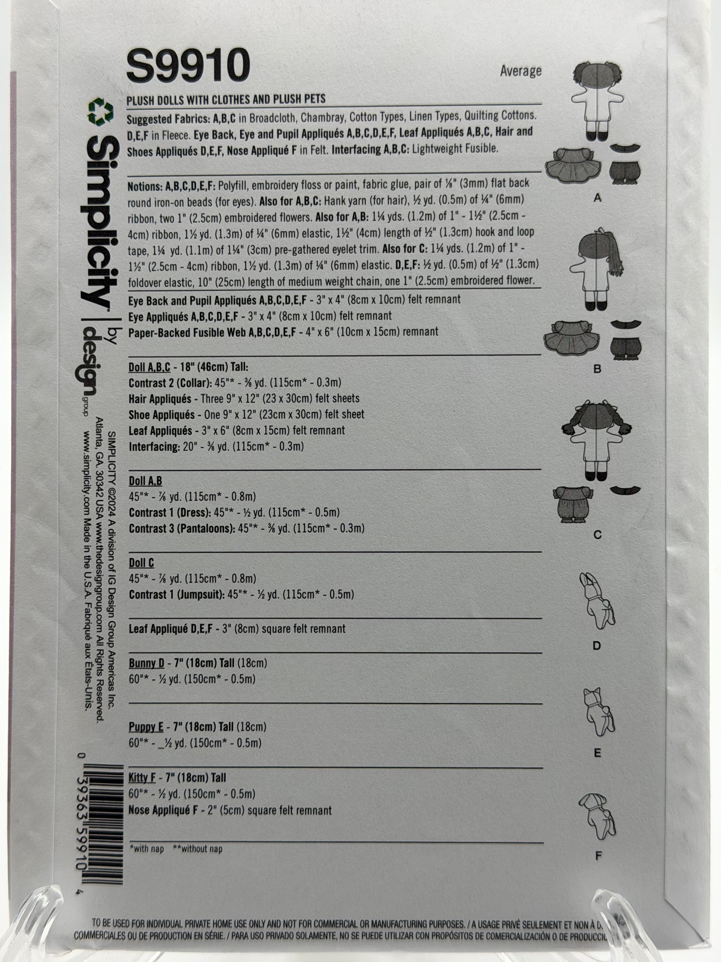 Simplicity S9910 Plush Dolls, Bunny, Puppy & Kitty Sewing Pattern One Size