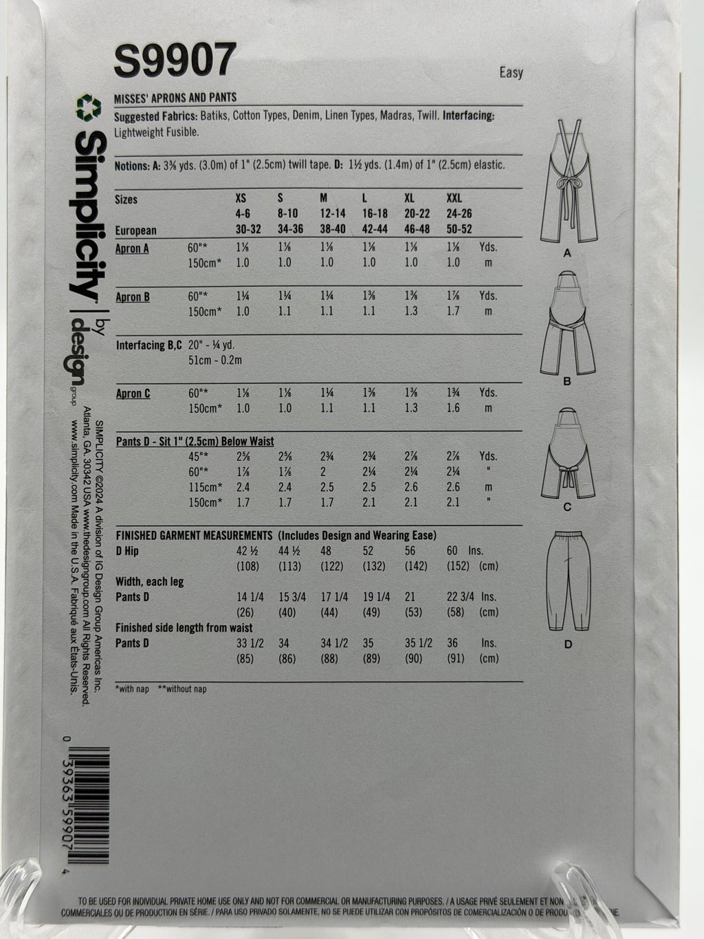 Simplicity S9907 Misses' Aprons & Pants Sewing Pattern XS-XXL Easy-to-Sew
