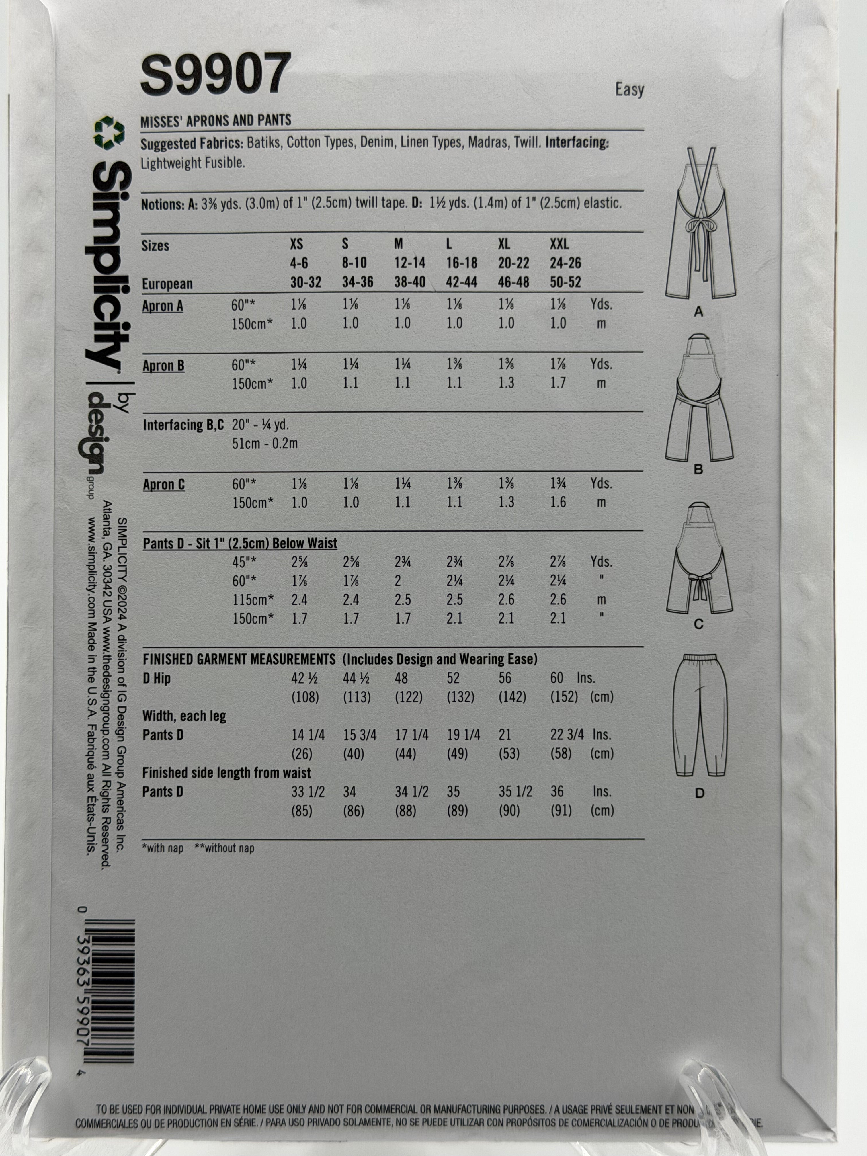 Simplicity S9907 Misses' Aprons & Pants Sewing Pattern XS-XXL Easy-to-Sew