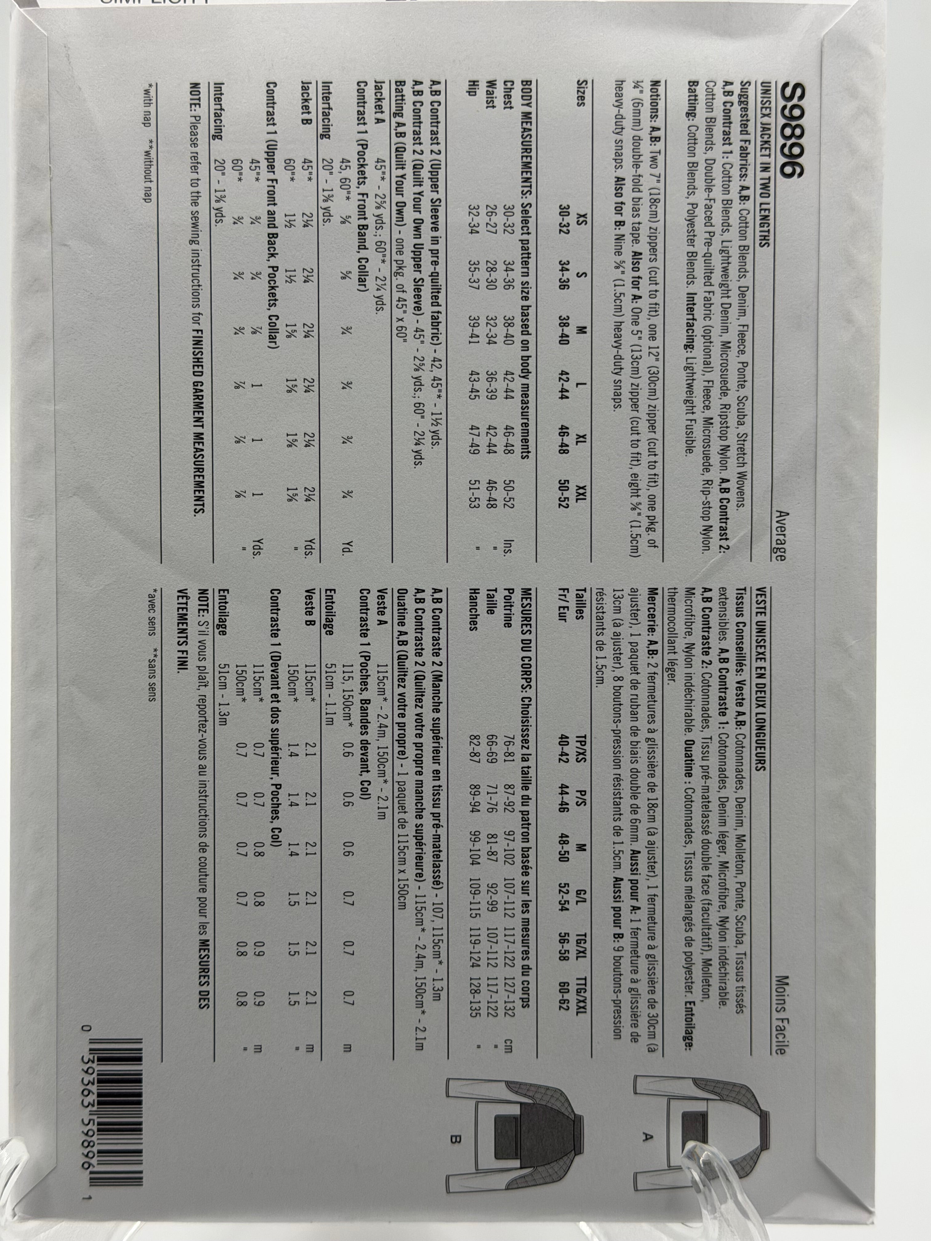 Simplicity S9896 Unisex Jacket Sewing Pattern