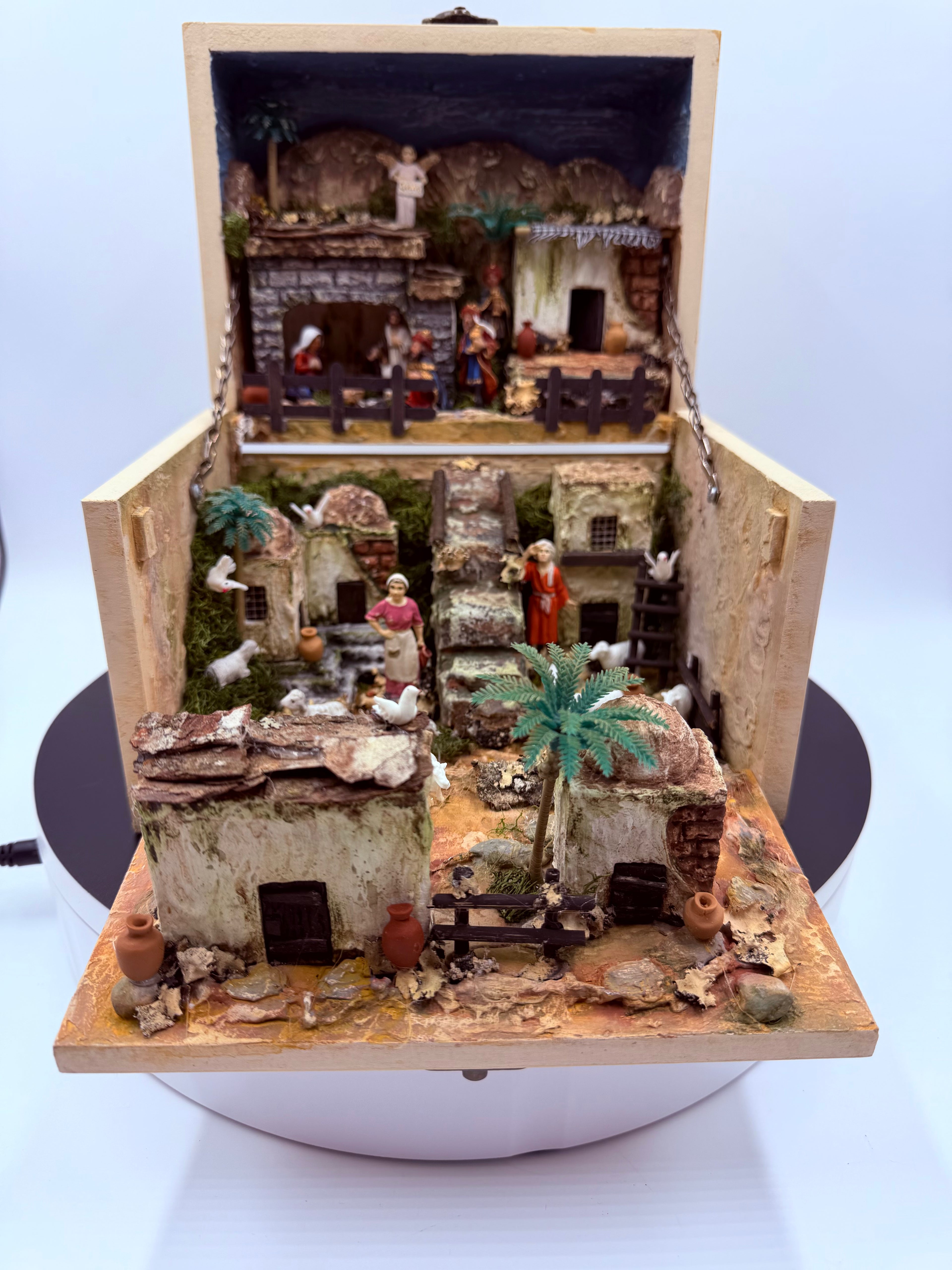 Handcrafted Illuminated Fold-Out Nativity Village Diorama in Wooden Display Box – One of a Kind
