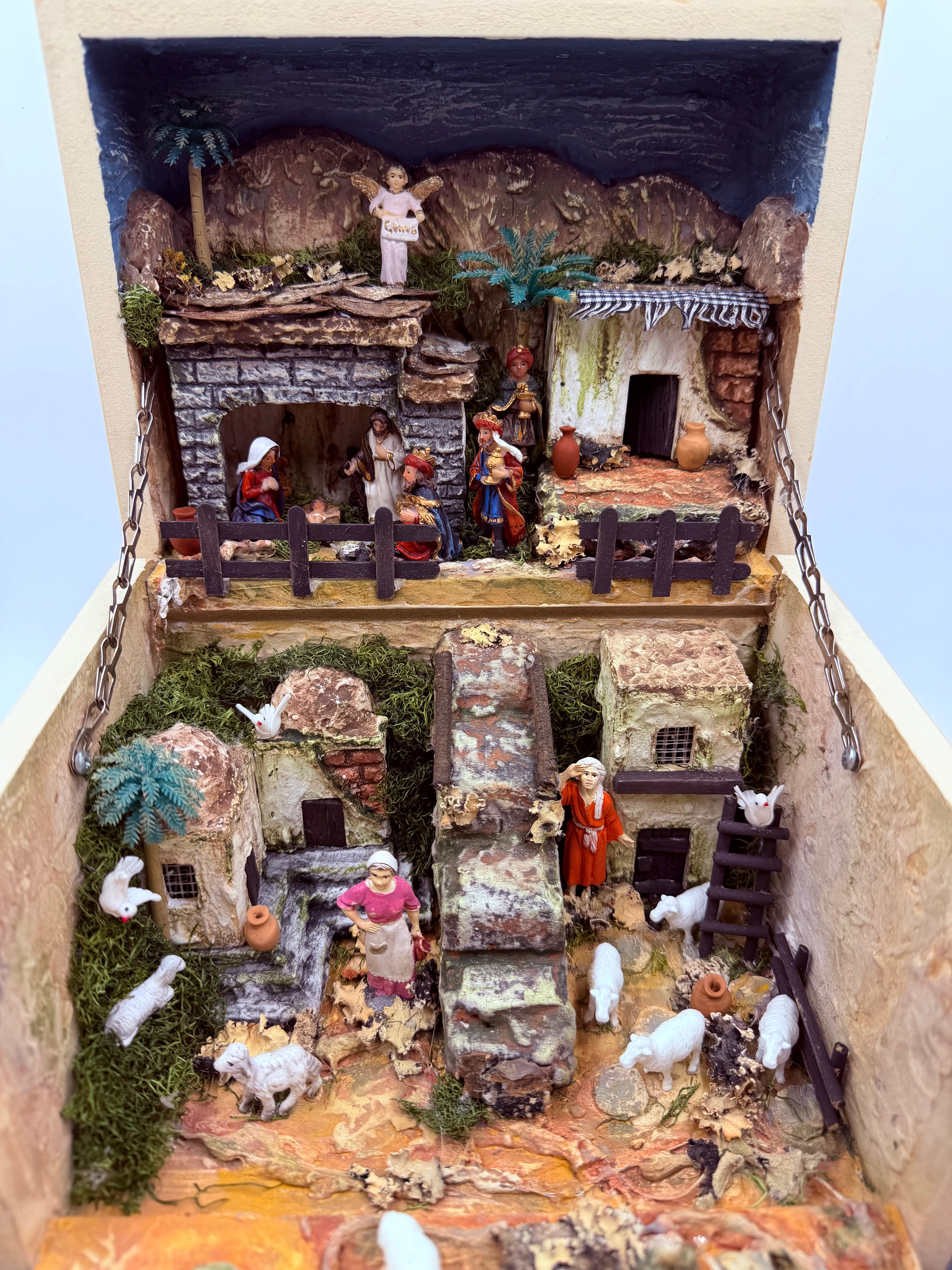 Handcrafted Illuminated Fold-Out Nativity Village Diorama in Wooden Display Box – One of a Kind