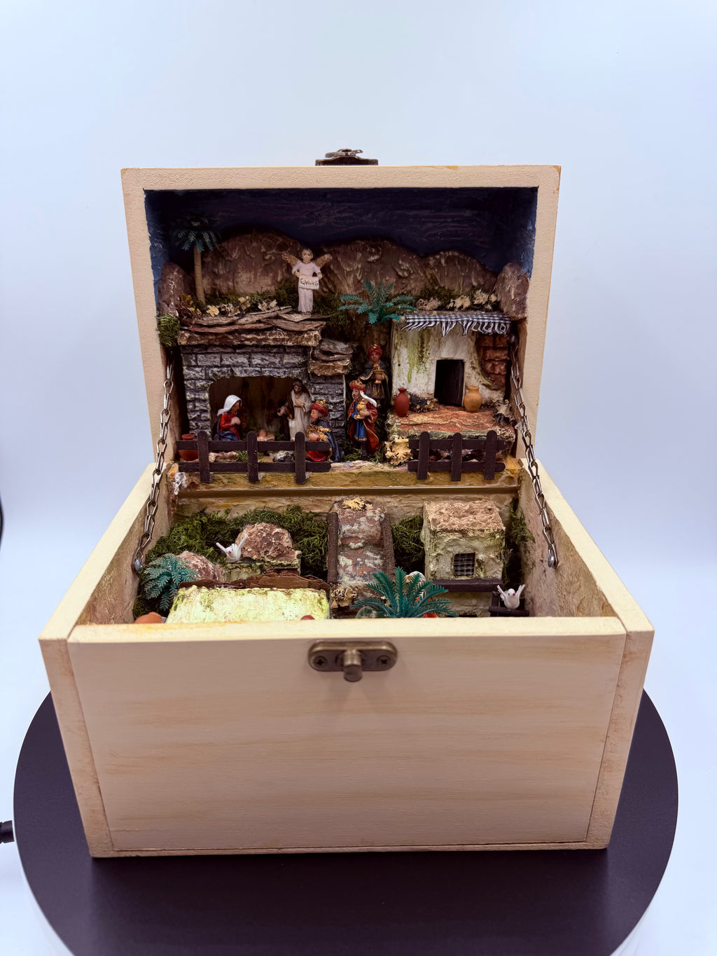 Handcrafted Illuminated Fold-Out Nativity Village Diorama in Wooden Display Box – One of a Kind