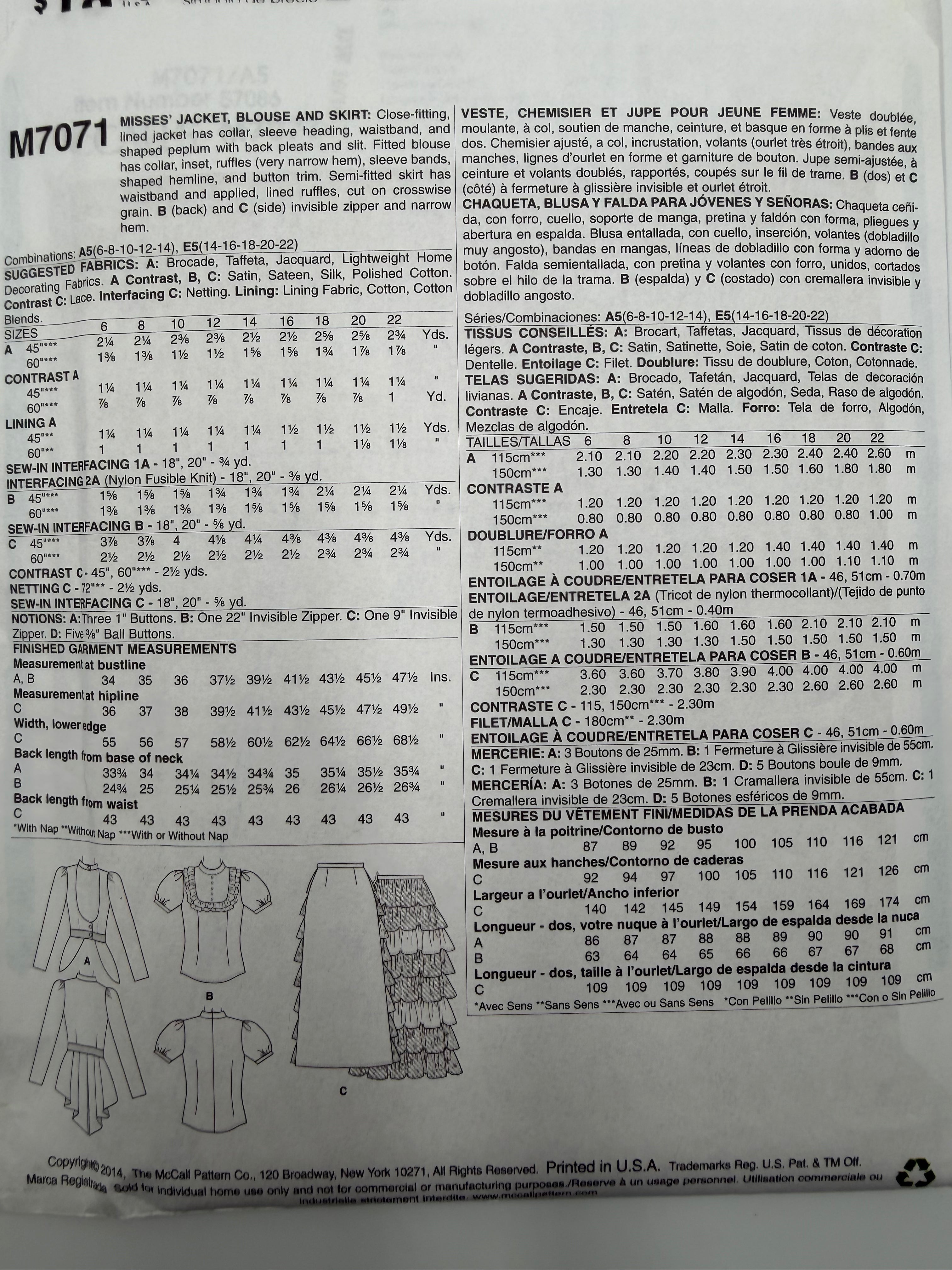 McCall's M7071 Victorian Steampunk Jacket, Blouse & Skirt Sewing Pattern