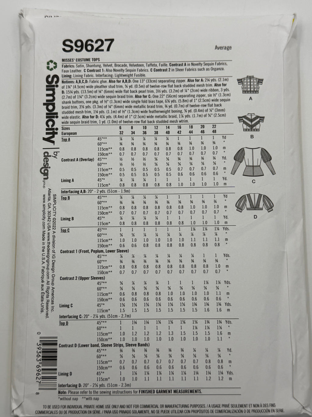 Simplicity S9627 Fantasy Costume Tops Sewing Pattern