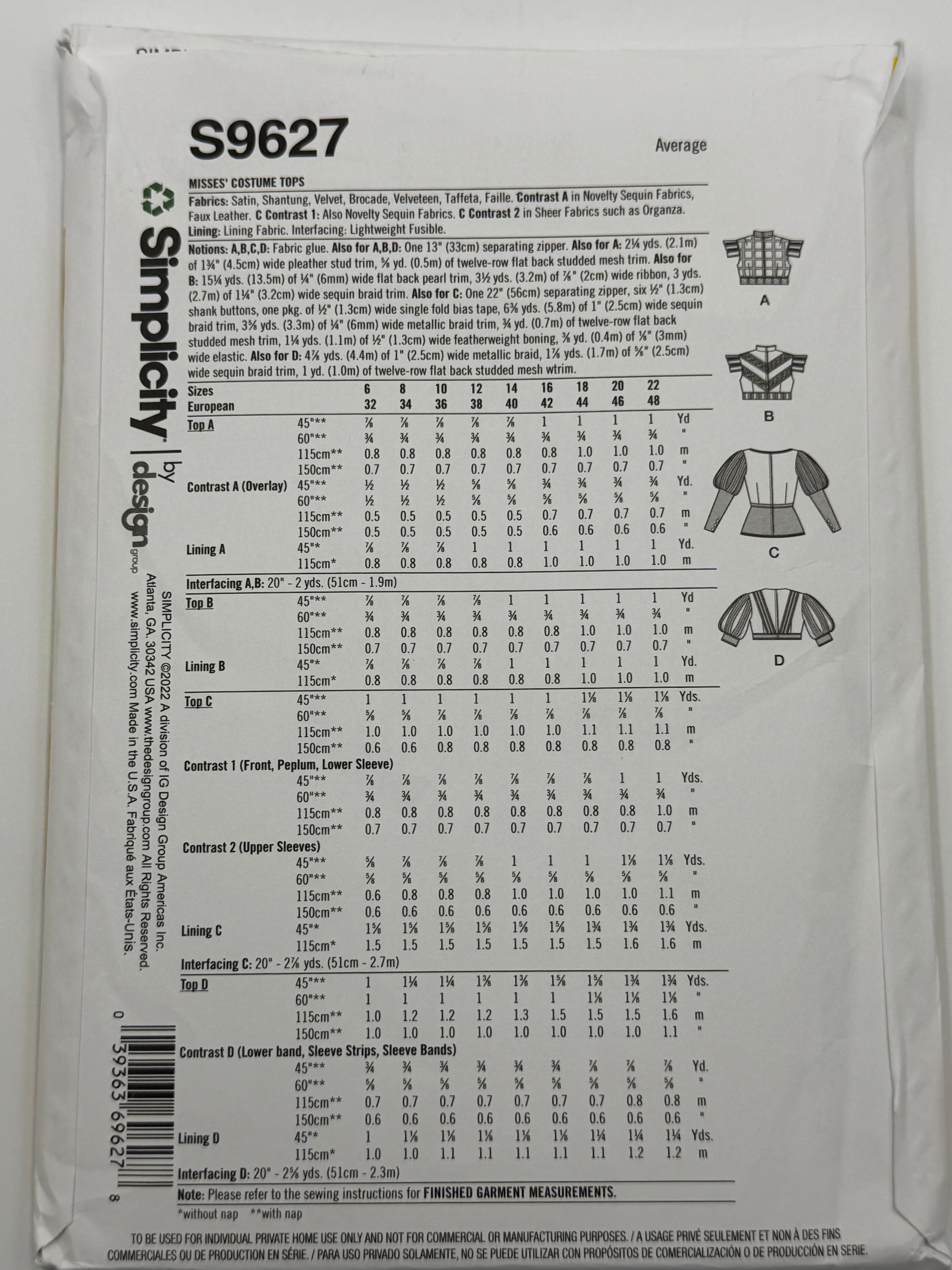 Simplicity S9627 Fantasy Costume Tops Sewing Pattern
