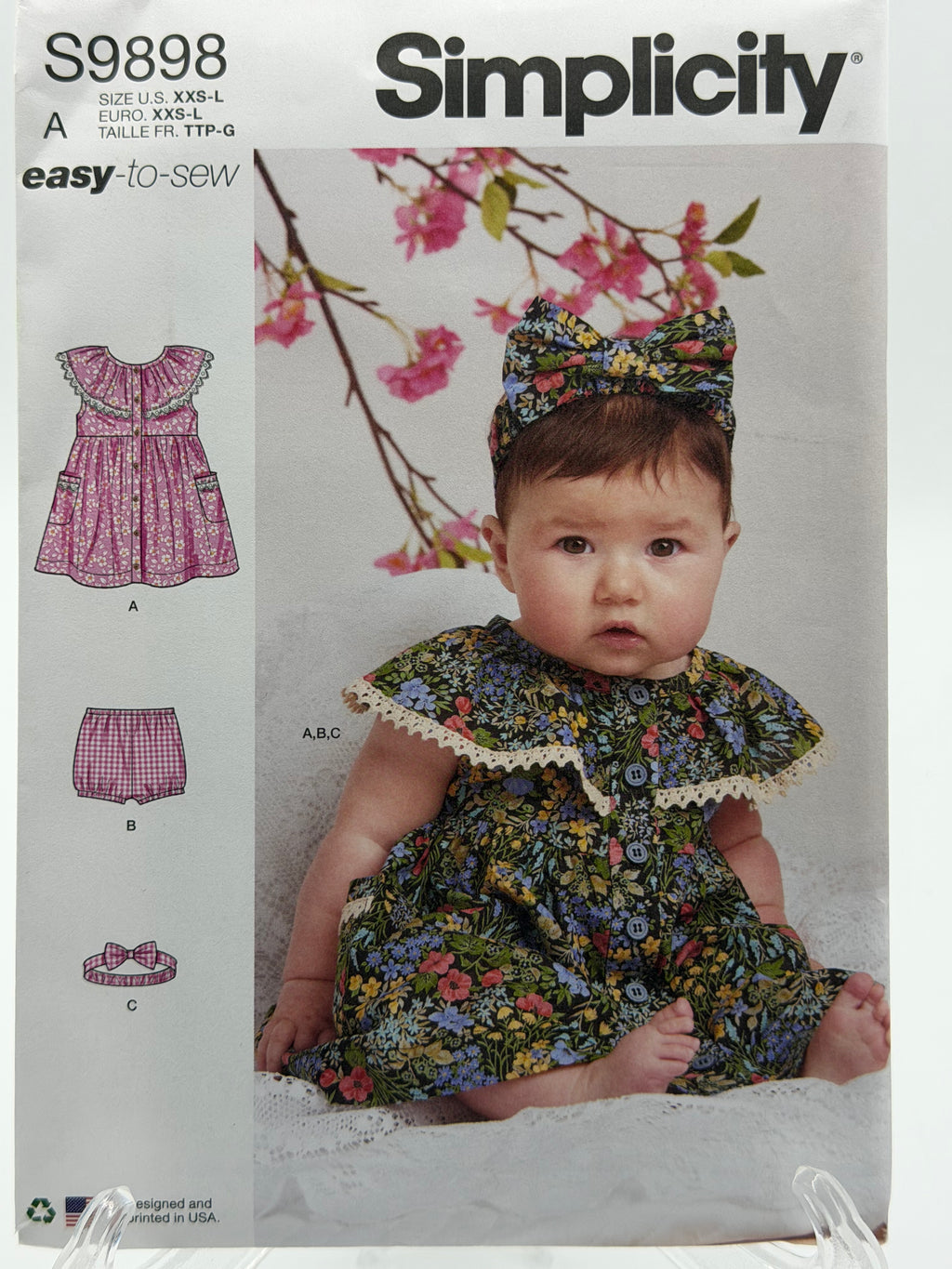 Simplicity S9898 Babies Dress, Bloomers & Headband Sewing Pattern XXS-L Easy-to-Sew