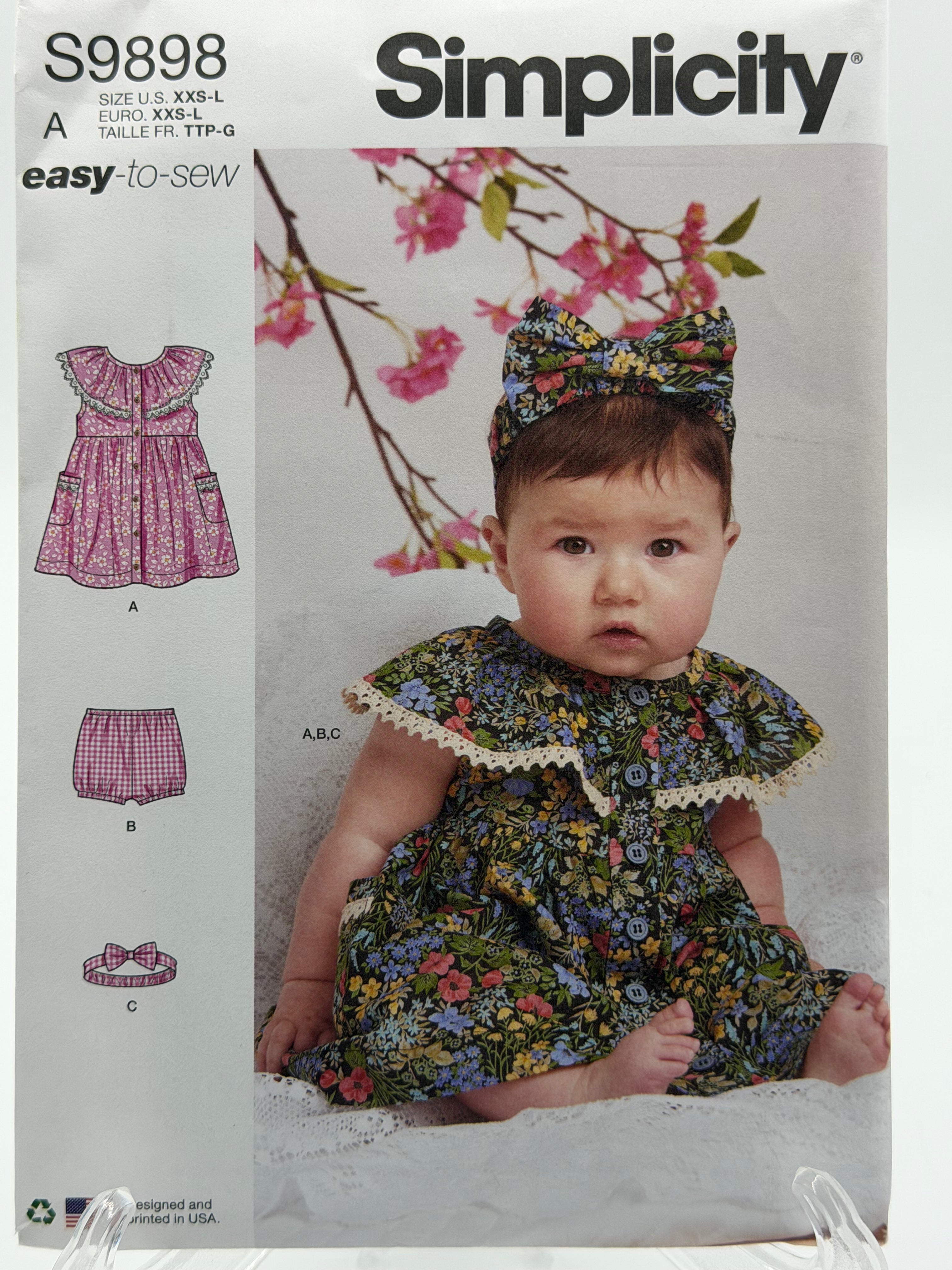 Simplicity S9898 Babies Dress, Bloomers & Headband Sewing Pattern XXS-L Easy-to-Sew