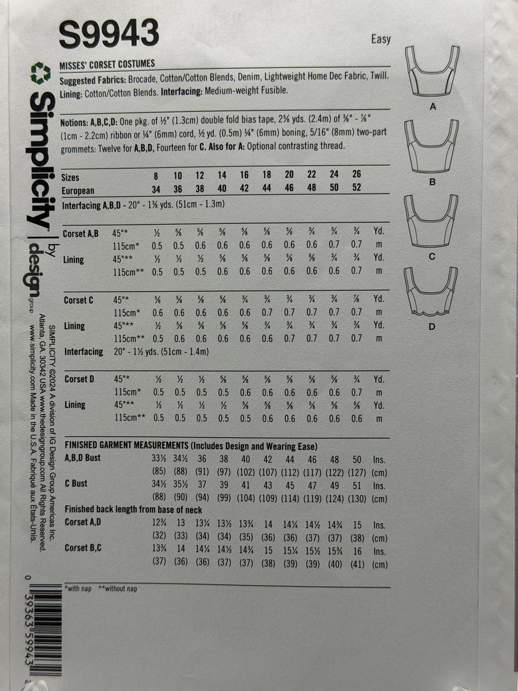 Simplicity S9943 – Misses' Corset Costumes