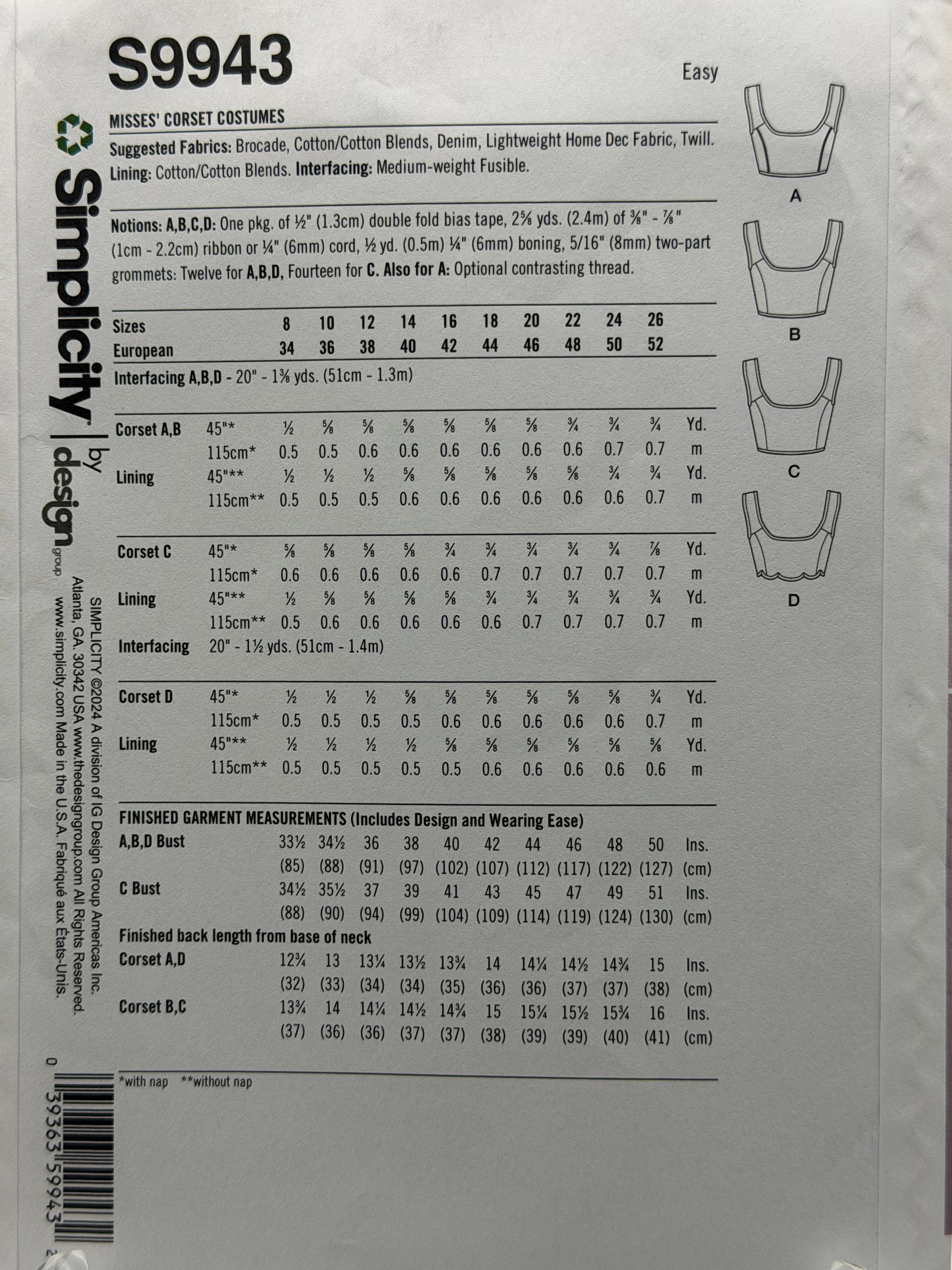 Simplicity S9943 – Misses' Corset Costumes