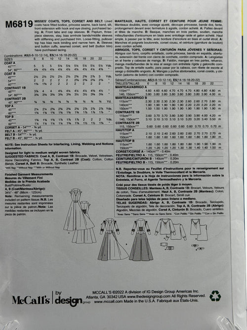 McCall's M6819 – Misses' Coats, Tops, Corset and Belt Costume