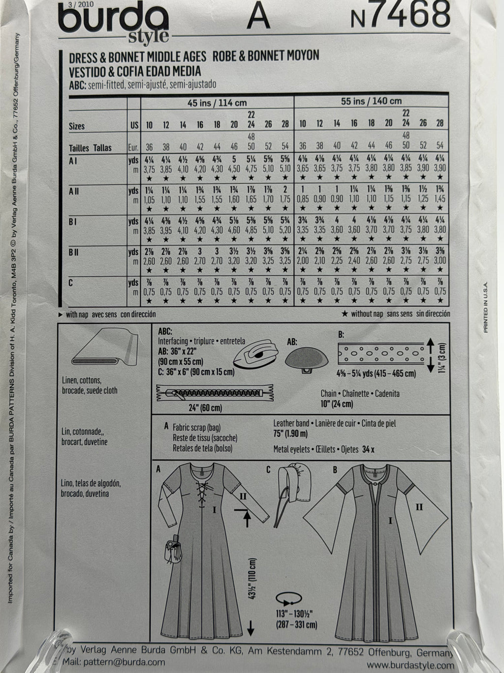 Burda Style 7468 – Middle Ages Dress & Bonnet