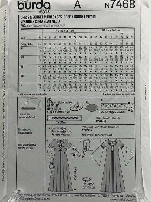 Burda Style 7468 – Middle Ages Dress & Bonnet