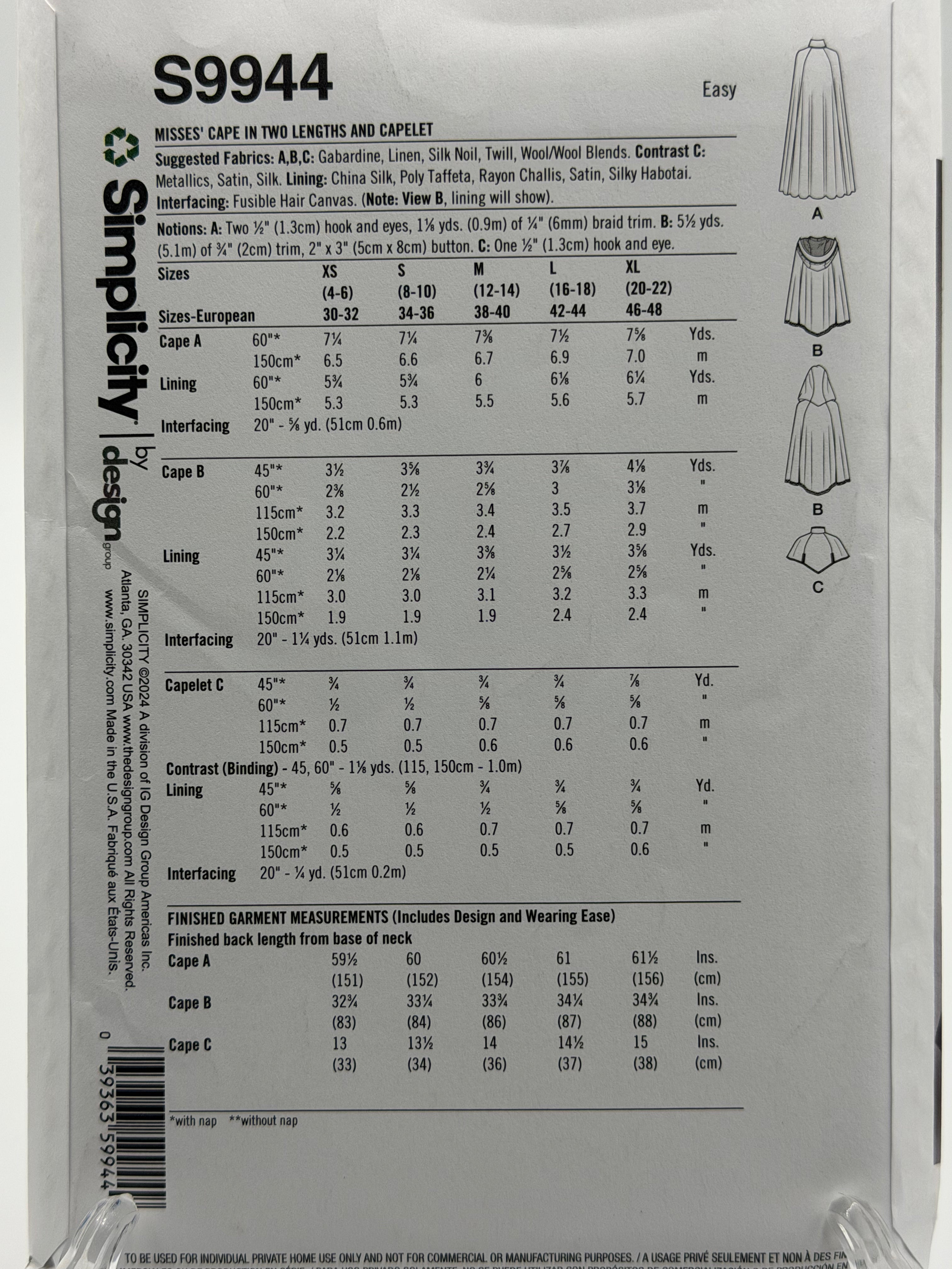 Simplicity S9944 – Misses' Cape in Two Lengths and Capelet