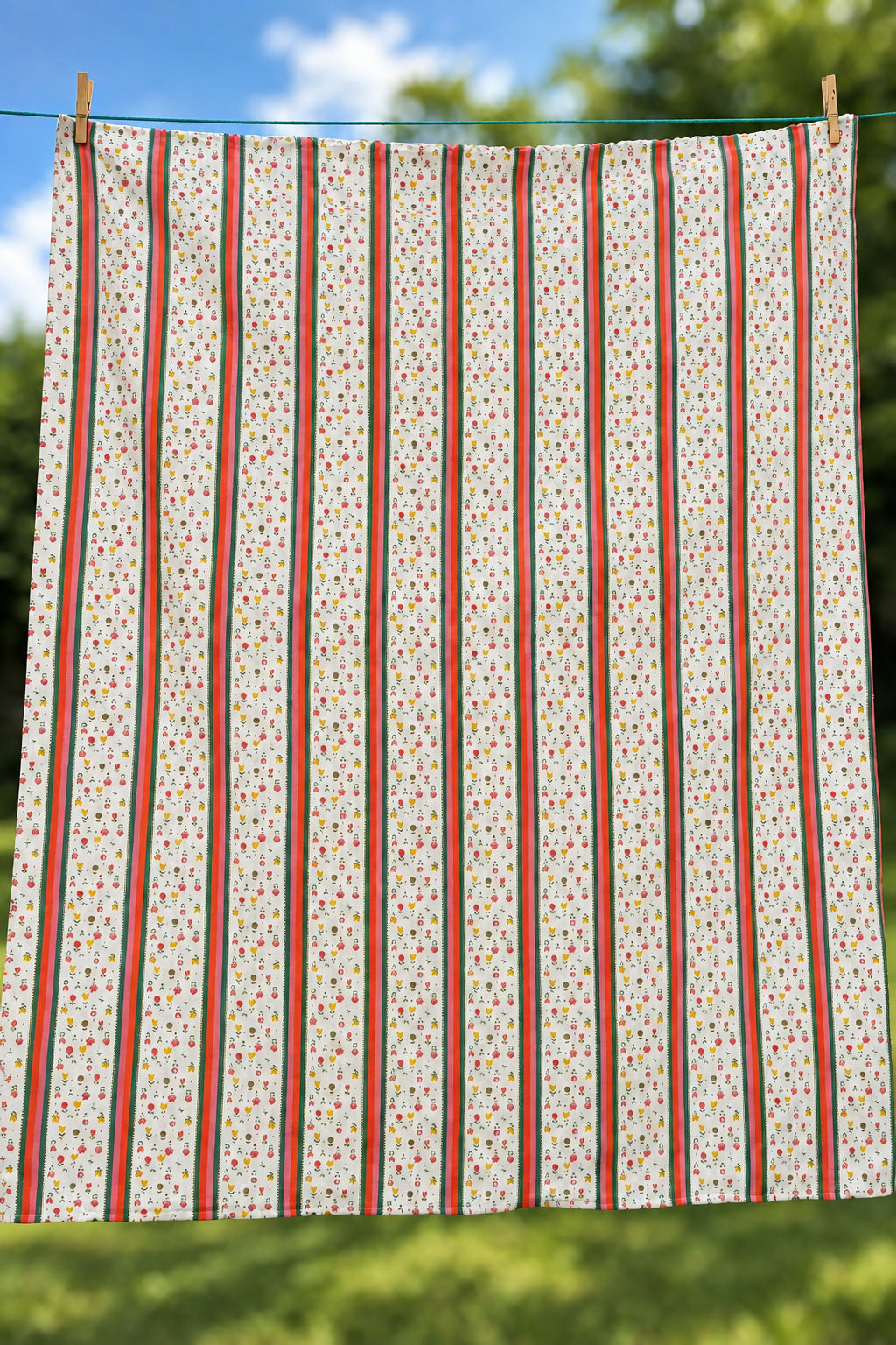 Antique Authentic Feed Sack Material Orange/Pink/Green Stripe & Flowers